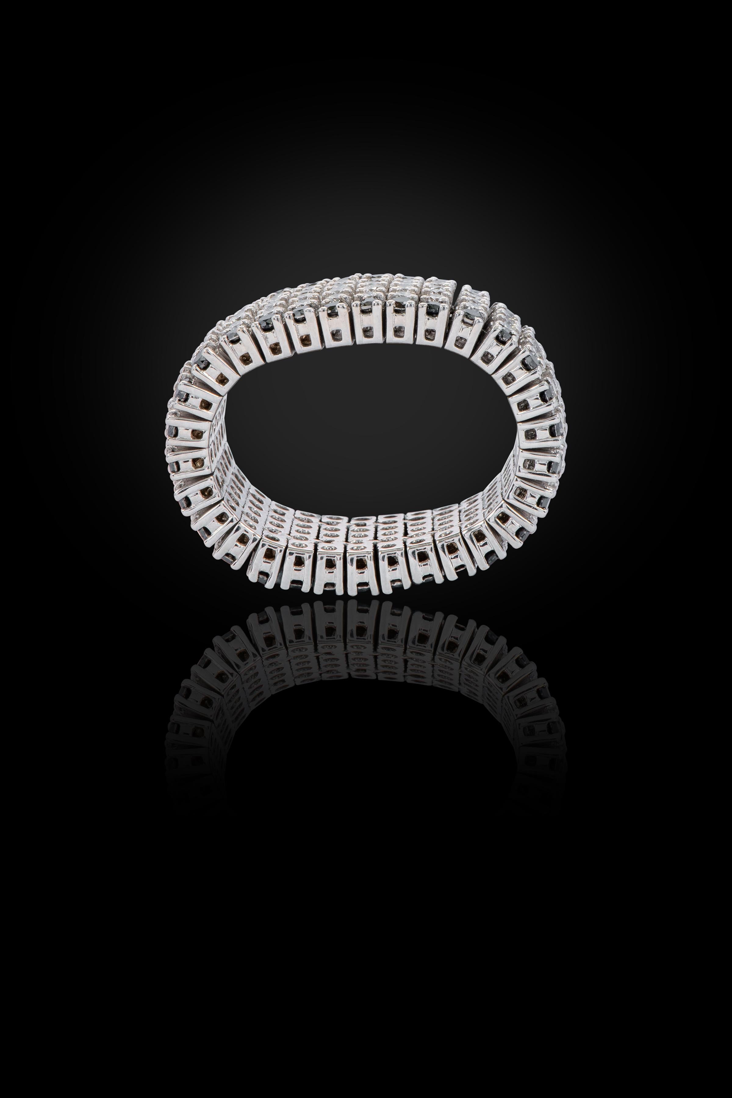 Brilliant Cut 18 Karat White Gold 5.71 Carat White and Black Diamond Flexible Band Ring For Sale