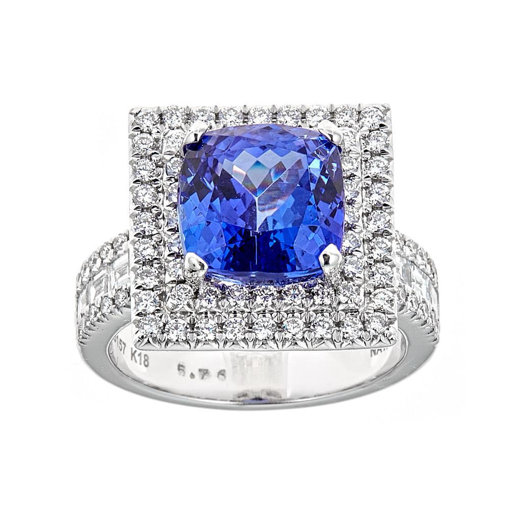 Cushion Cut Tanzanite and Diamond Accent Engagement Ring in 18k White Gold