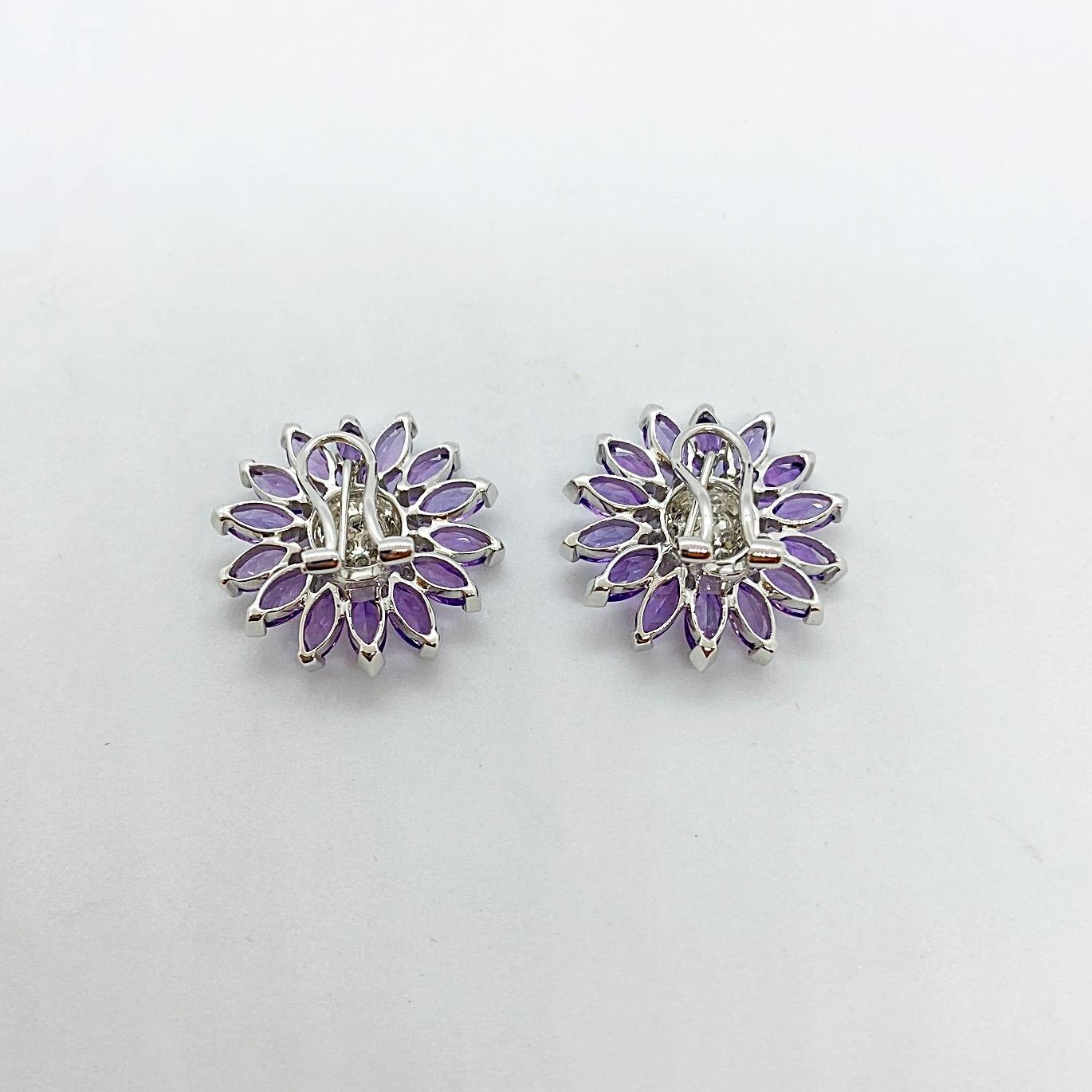 Contemporary 18 Karat White Gold & 5.83 Carat Amethyst Sunflower Earrings with Diamond Center For Sale