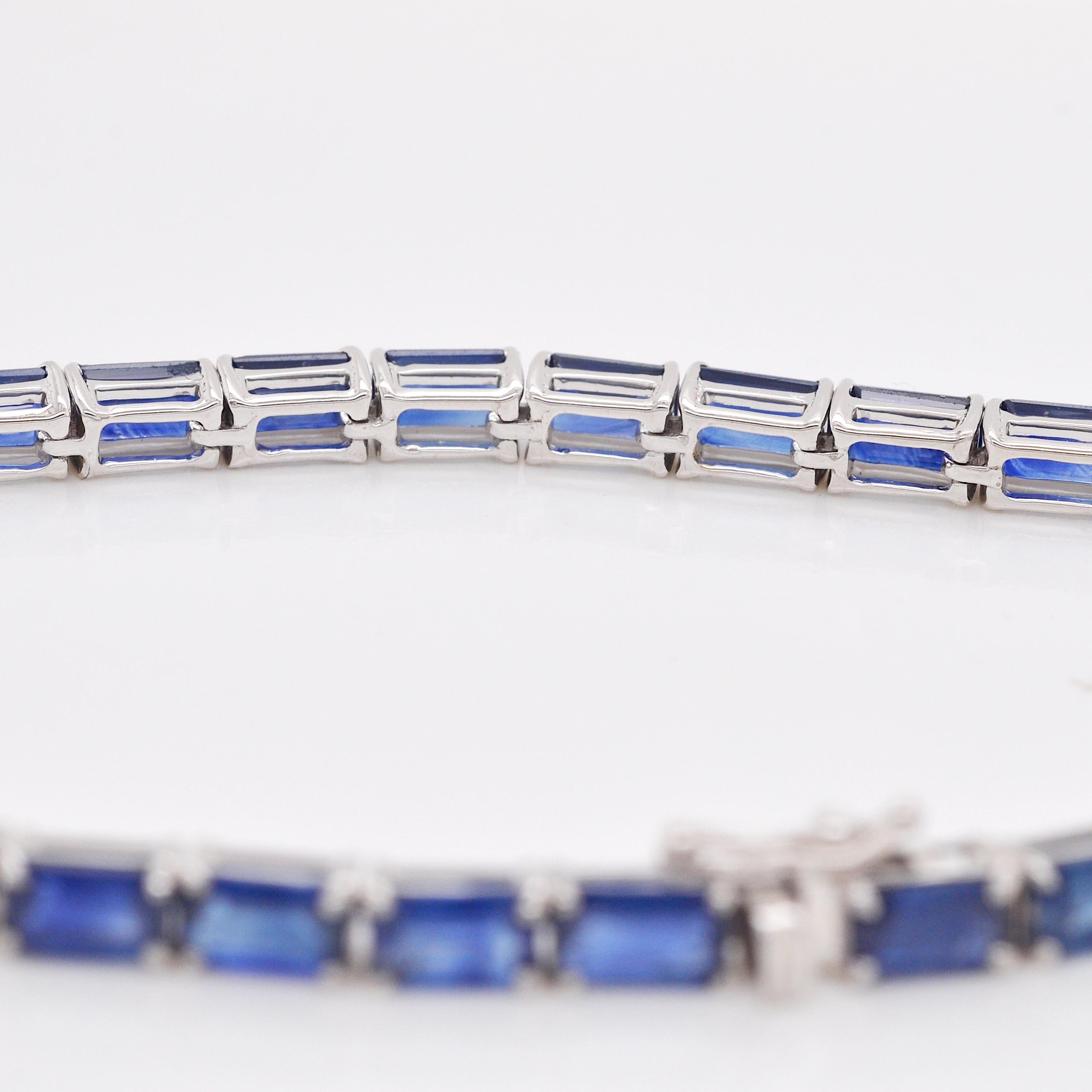 18 Karat White Gold 5X3 MM Octagon Blue Sapphire Tennis Link Bracelet For Sale 5