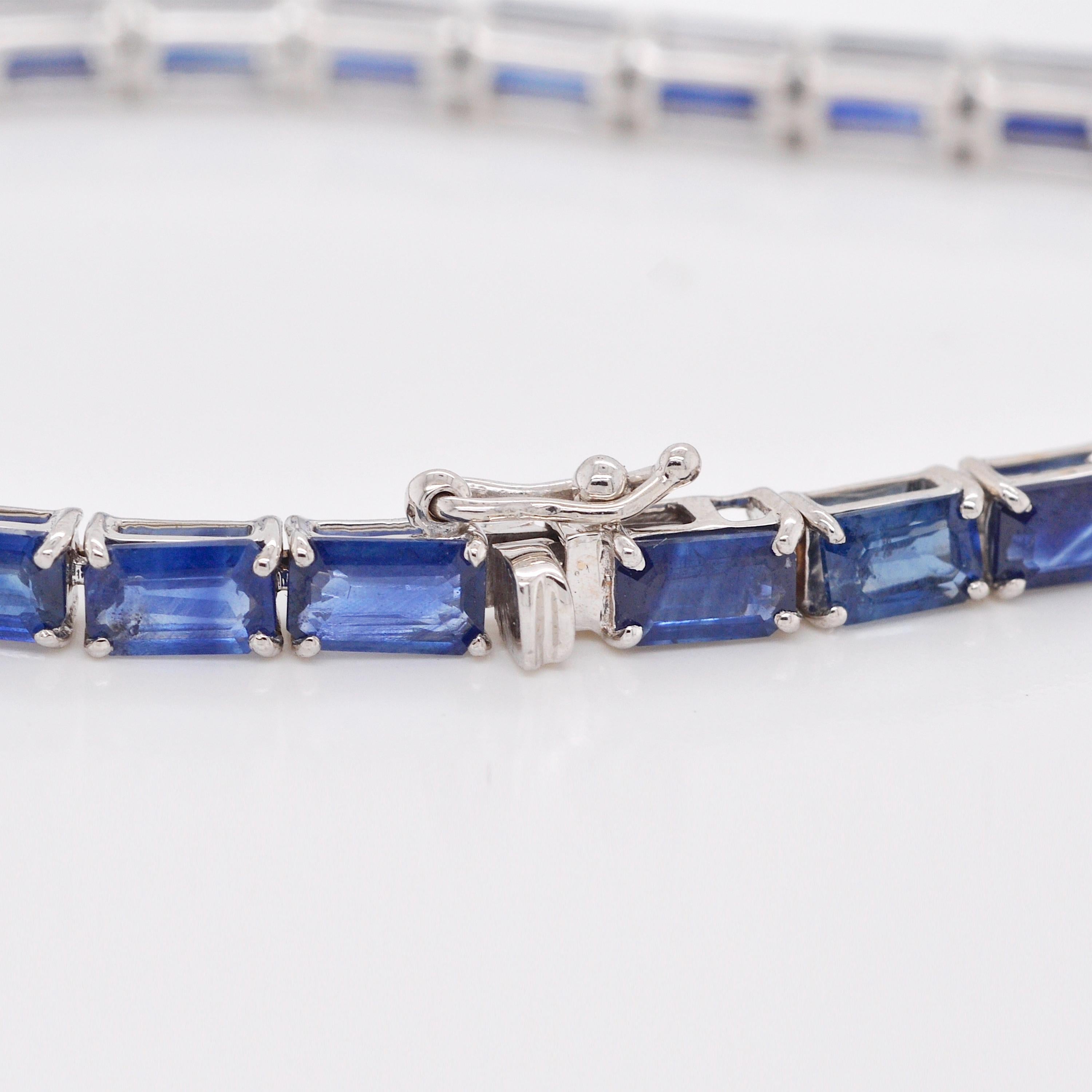 18 Karat White Gold 5X3 MM Octagon Blue Sapphire Tennis Link Bracelet For Sale 6