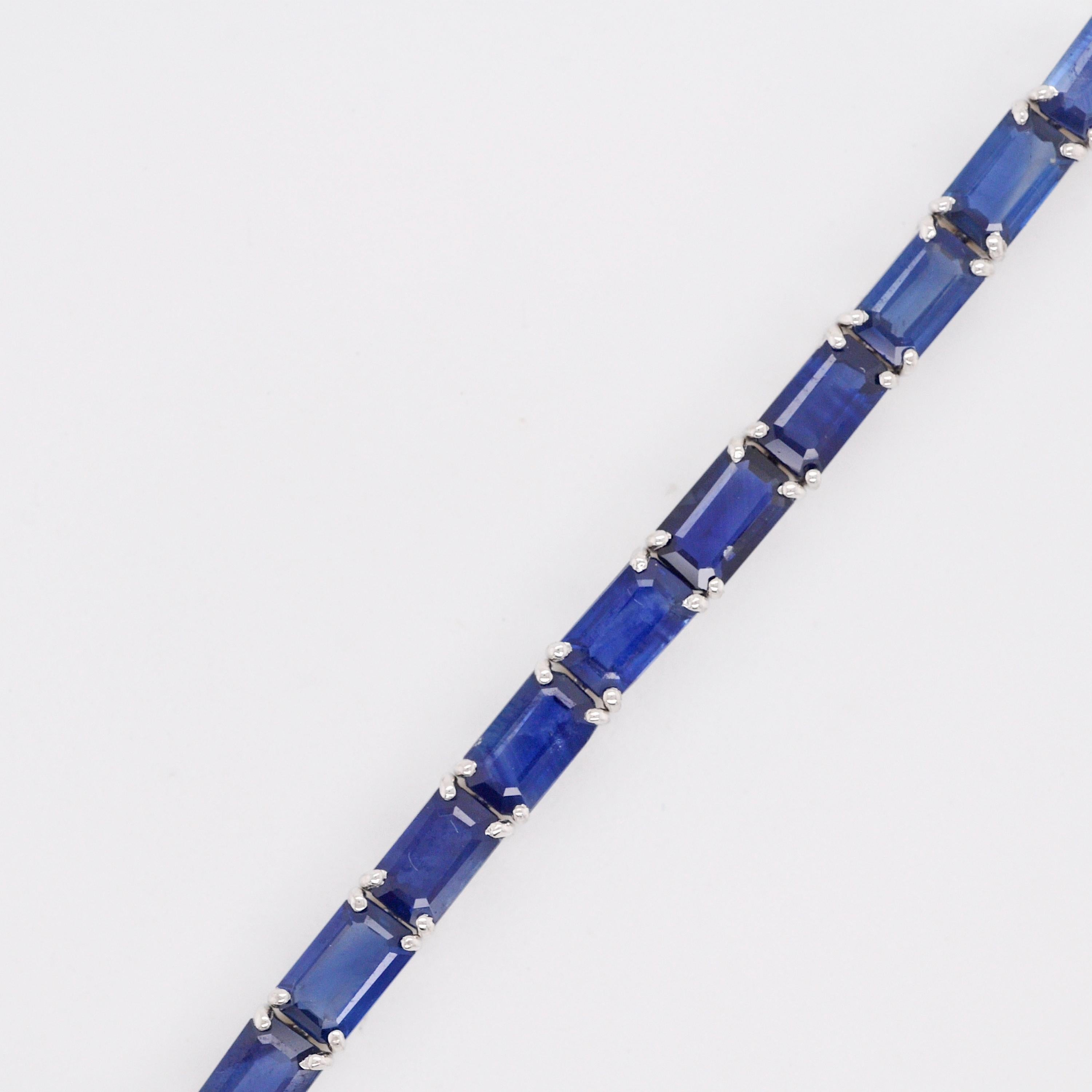 18 Karat White Gold 5X3 MM Octagon Blue Sapphire Tennis Link Bracelet For Sale 2
