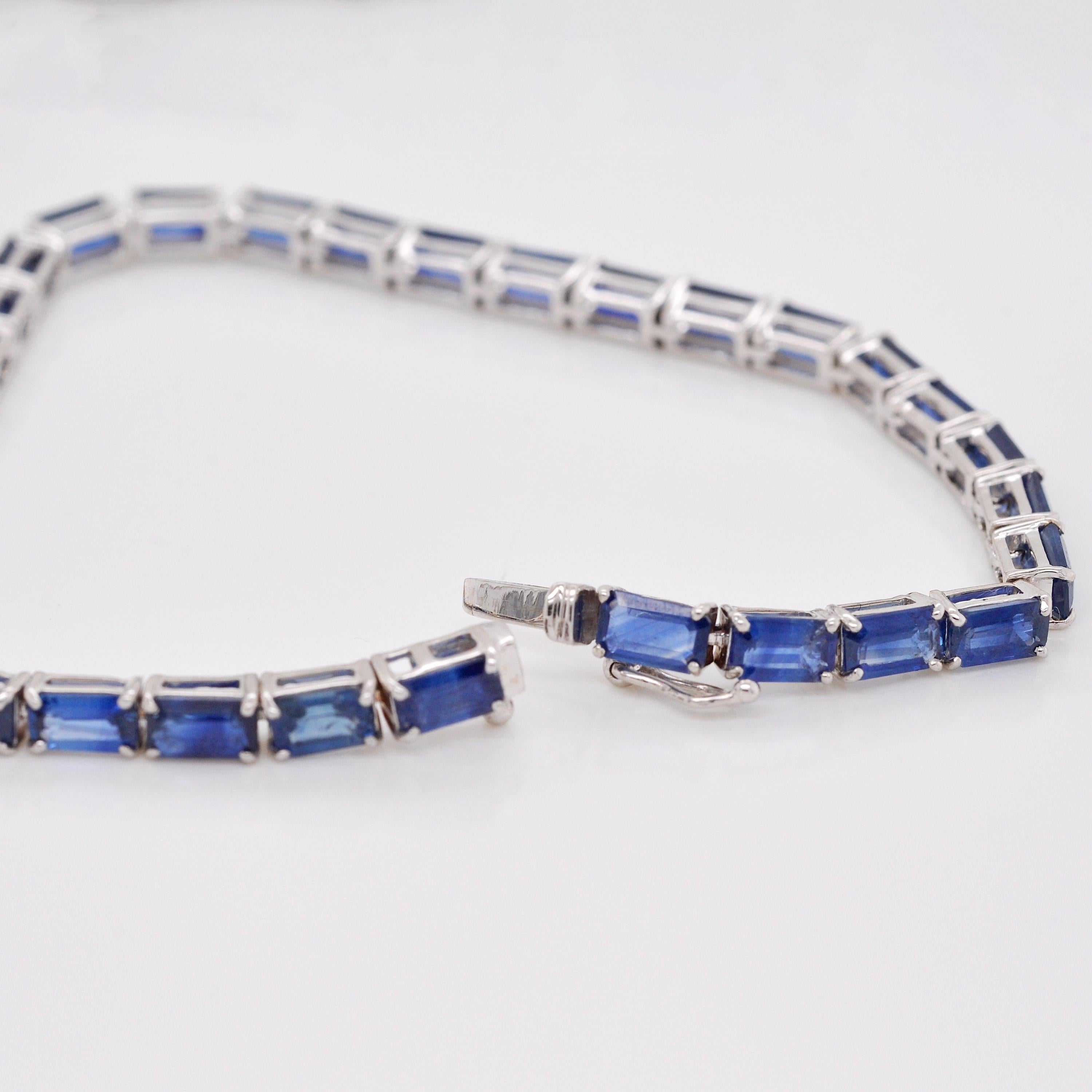 18 Karat White Gold 5X3 MM Octagon Blue Sapphire Tennis Link Bracelet For Sale 3