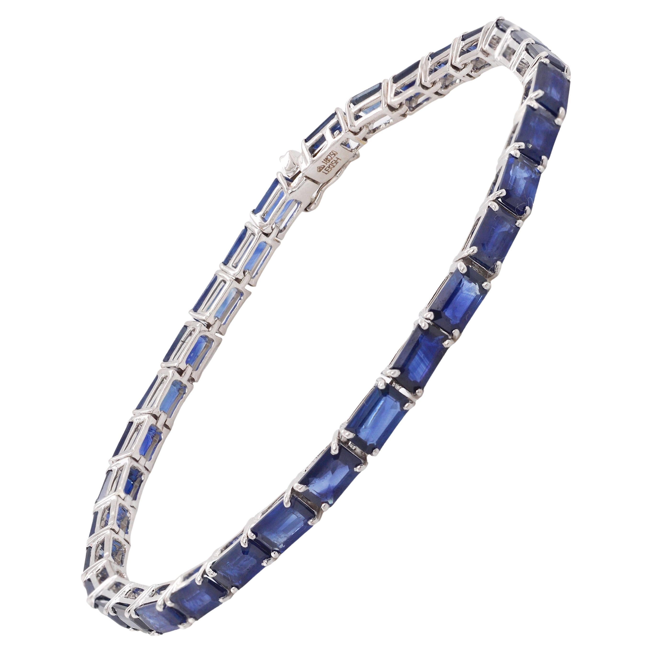 Bracelet tennis à maillons en or blanc 18 carats avec saphir bleu octogonal de 5 x 3 mm en vente