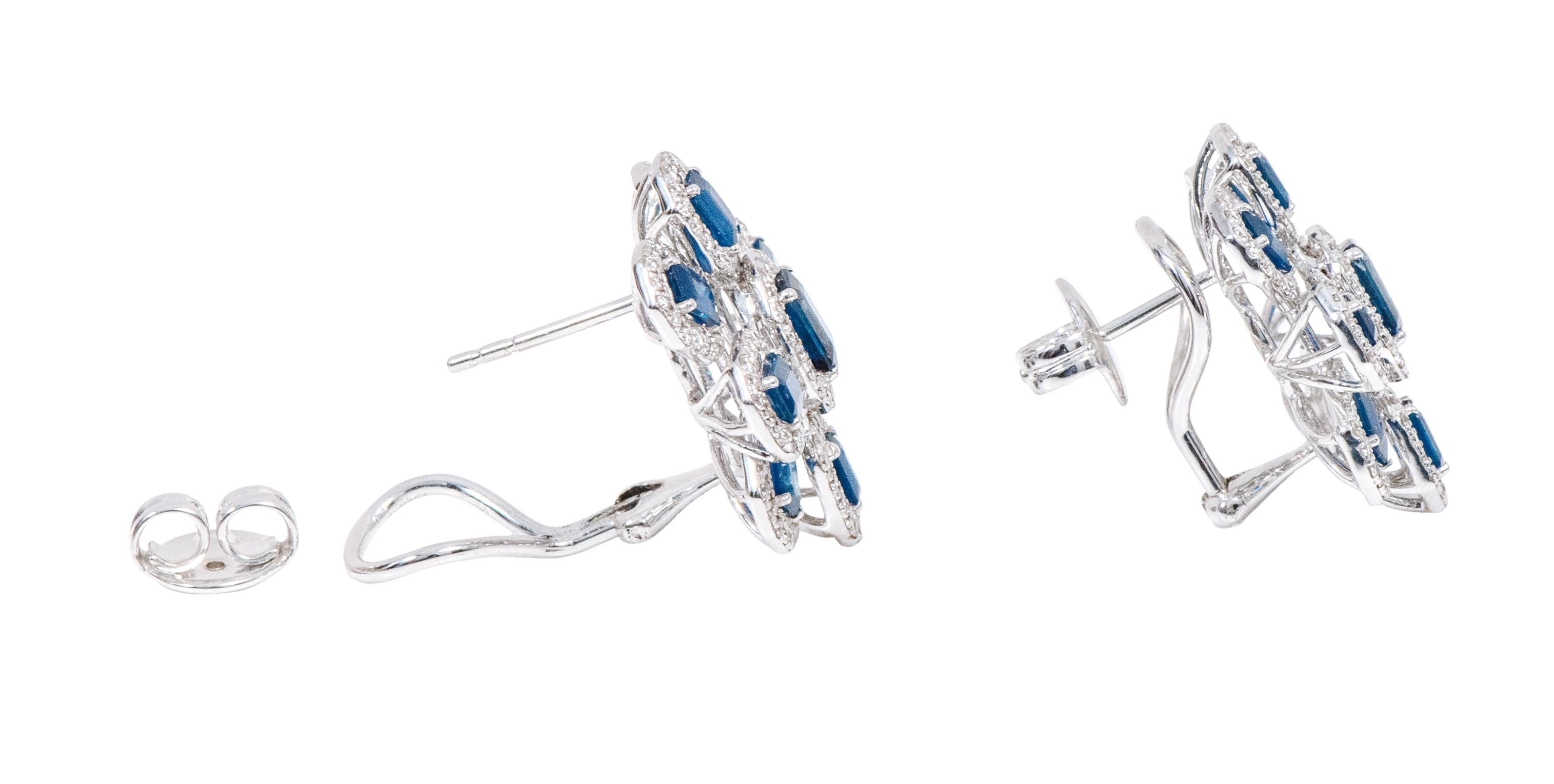 Contemporary 18 Karat White Gold 6.11 Carat Diamond and Sapphire Cocktail Stud Earrings For Sale