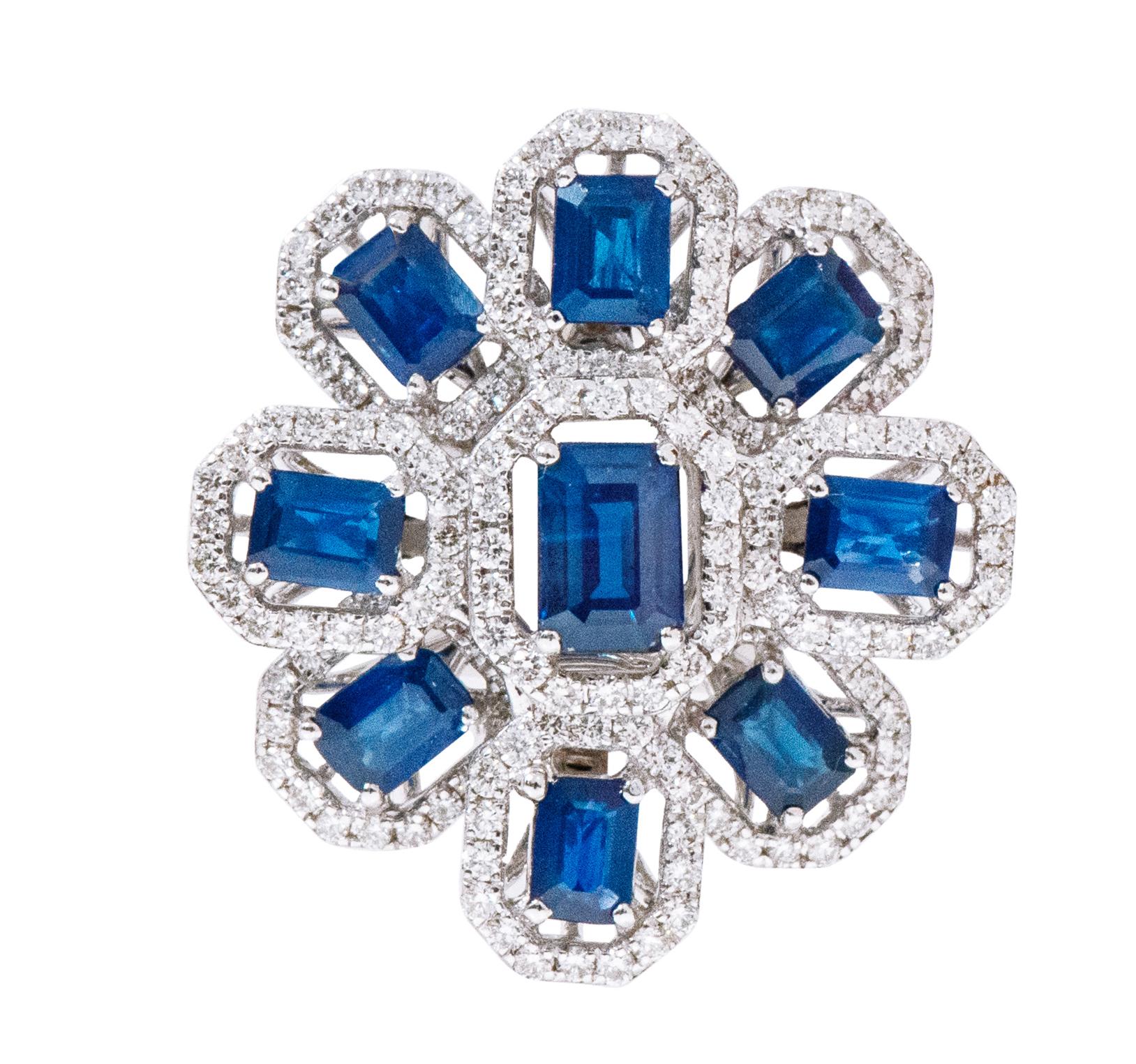 Emerald Cut 18 Karat White Gold 6.11 Carat Diamond and Sapphire Cocktail Stud Earrings For Sale