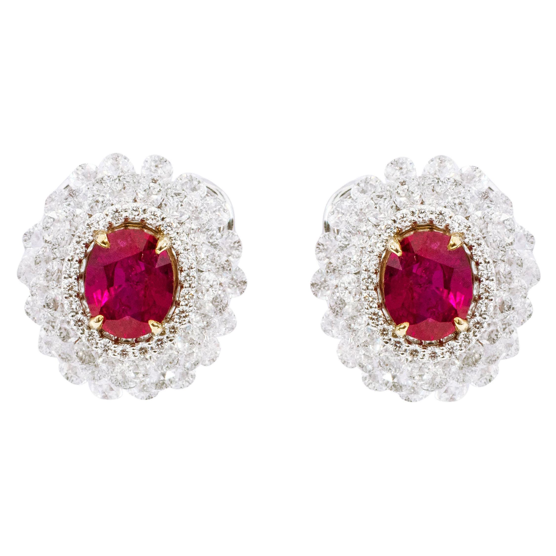 18 Karat White Gold 6.27 Carats Ruby and Diamond Cluster Stud Earrings For Sale