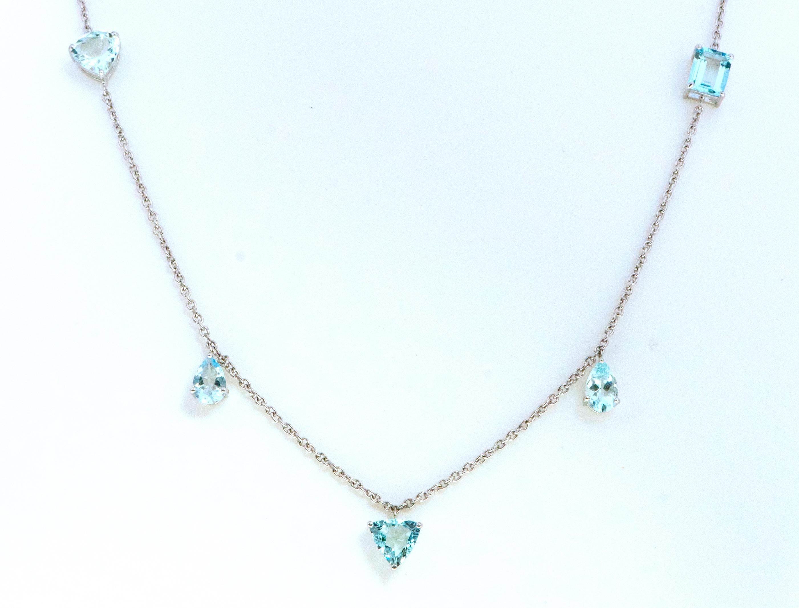 Heart Cut 18 Karat White Gold 6.29 Carat Multi-Shape Aquamarine Drop Link Necklace For Sale