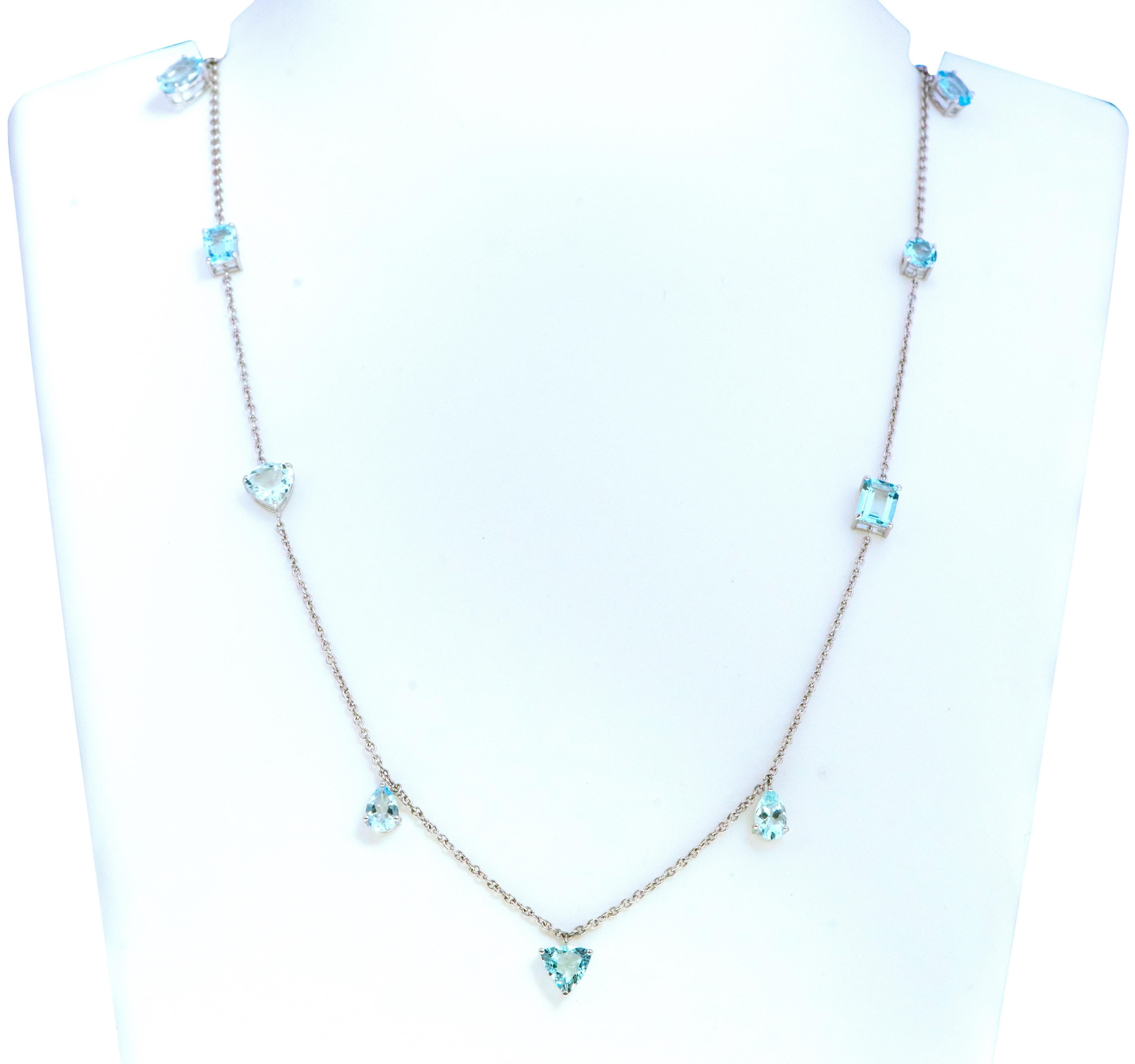 18 Karat White Gold 6.29 Carat Multi-Shape Aquamarine Drop Link Necklace In New Condition For Sale In Jaipur, IN
