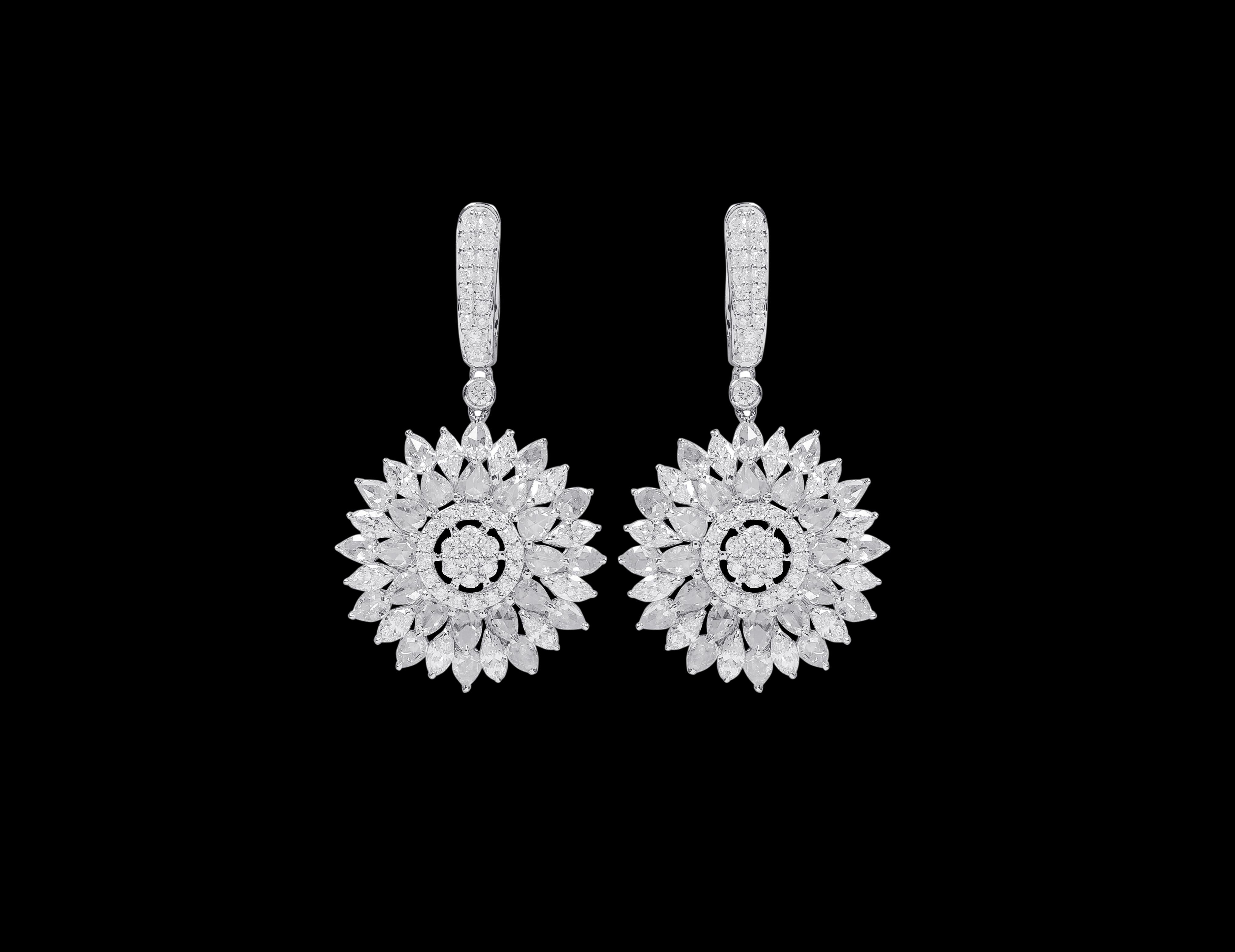 18 Karat White Gold 6.41 Carat Diamond Drop Flower Statement Earrings For Sale 1
