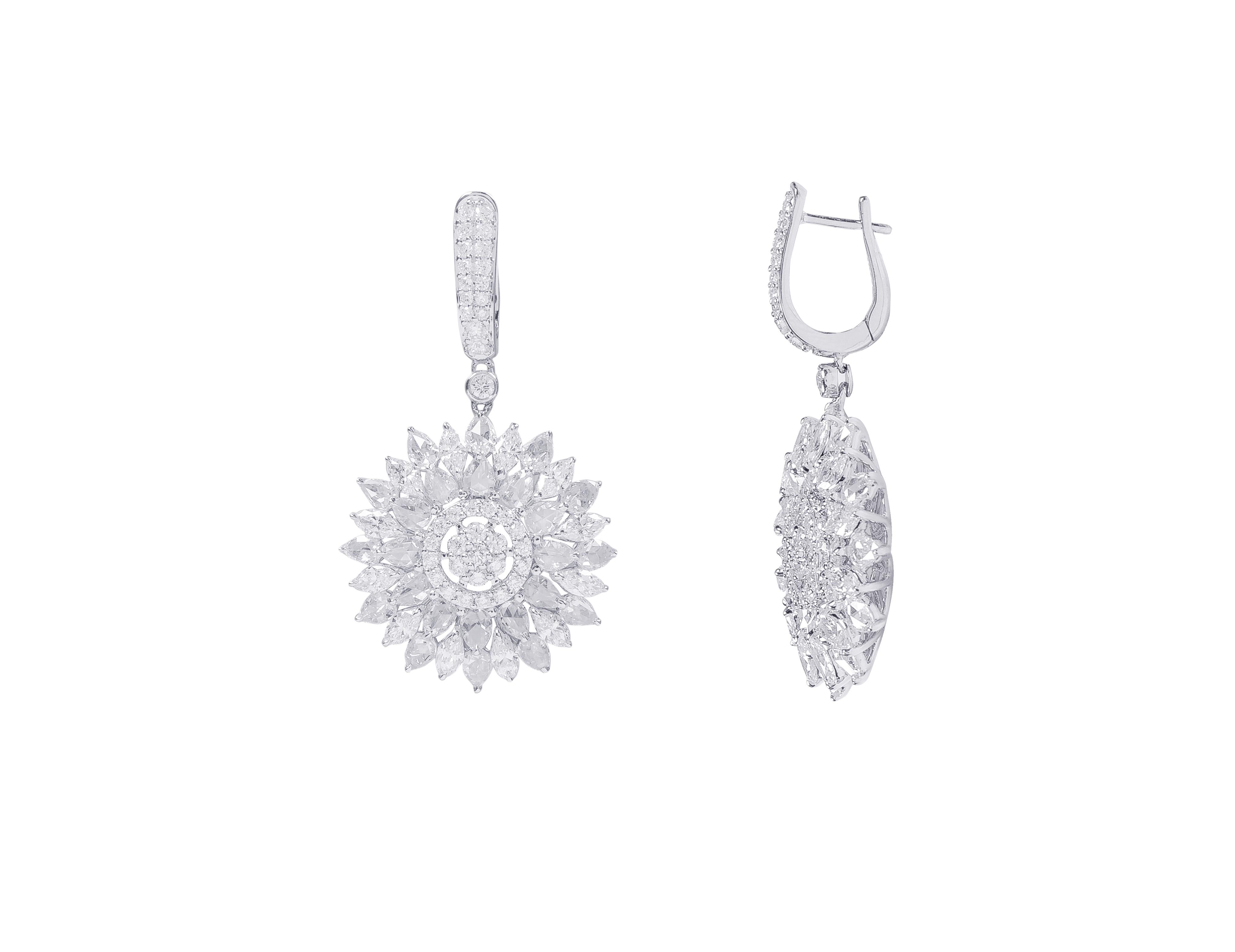 Marquise Cut 18 Karat White Gold 6.41 Carat Diamond Drop Flower Statement Earrings For Sale