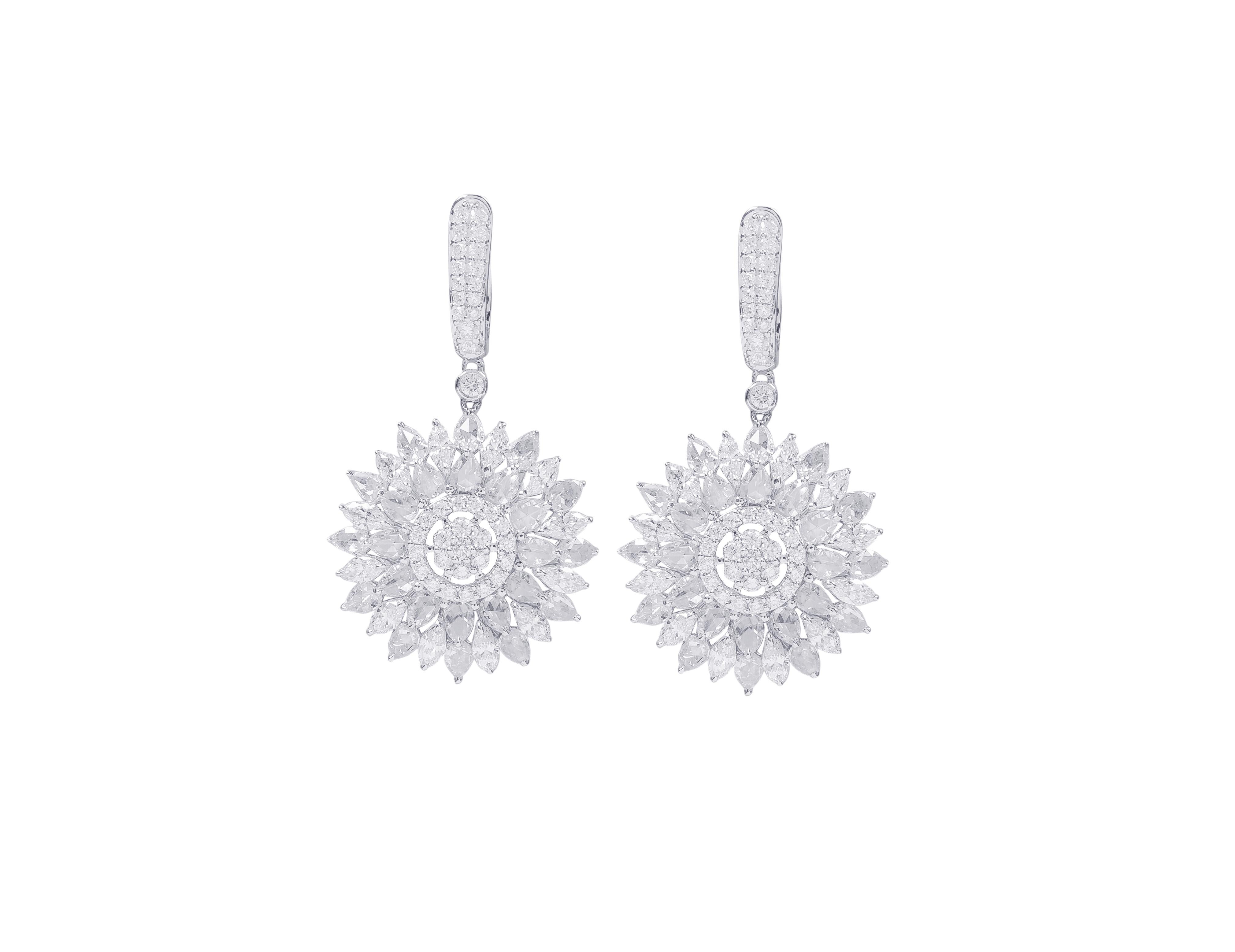 Women's 18 Karat White Gold 6.41 Carat Diamond Drop Flower Statement Earrings For Sale