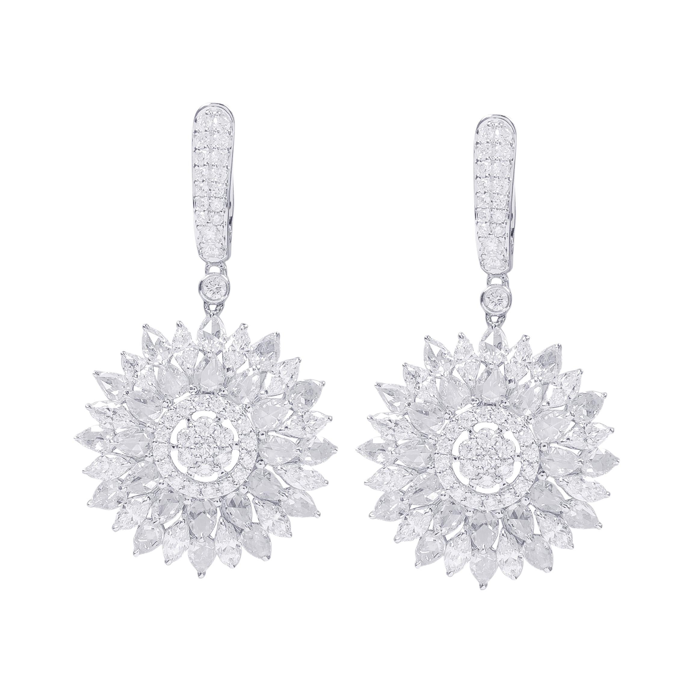 18 Karat White Gold 6.41 Carat Diamond Drop Flower Statement Earrings For Sale