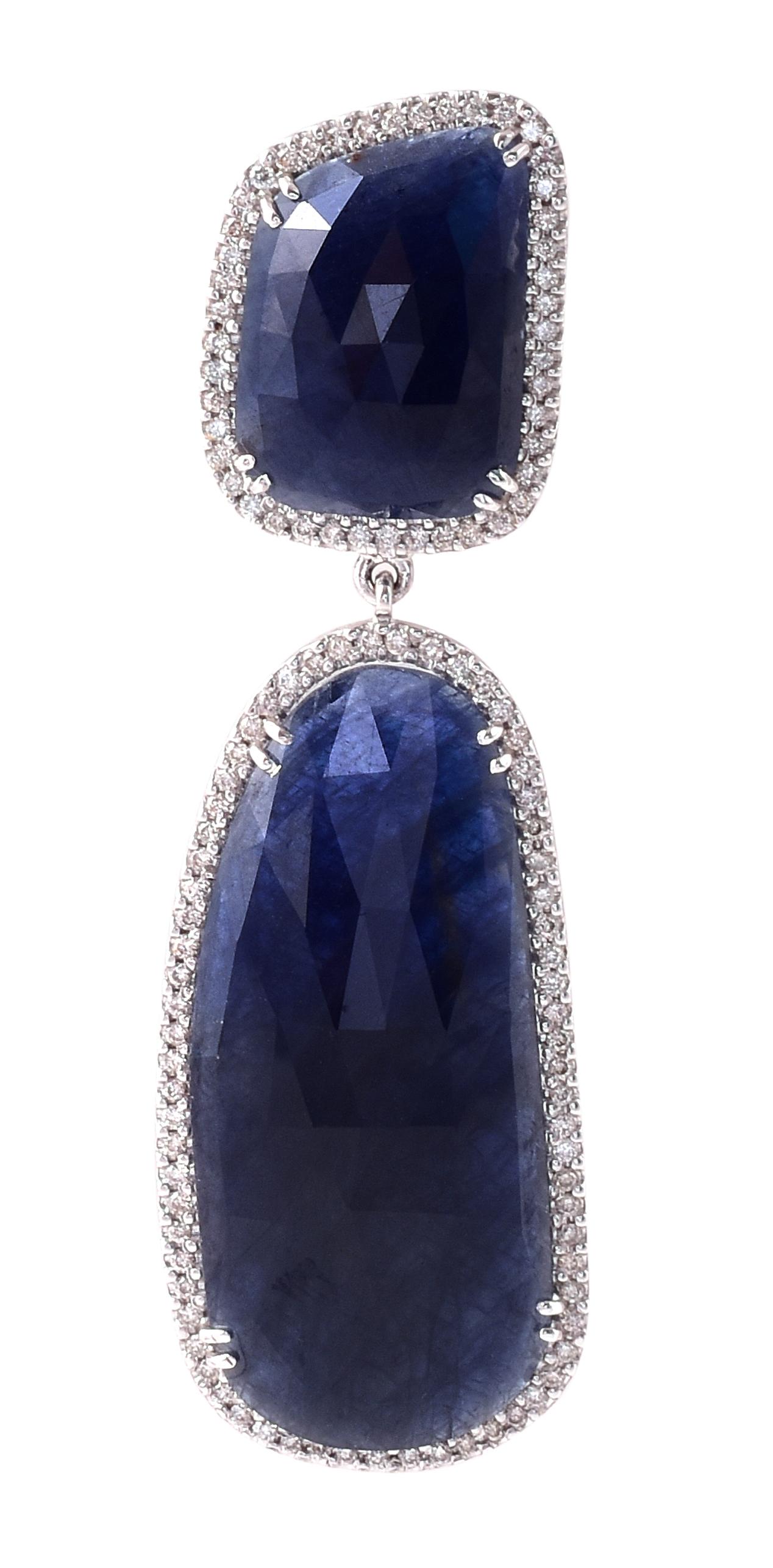 18 Karat White Gold 64.57 Carat Blue Sapphire and Diamond Cocktail Drop Earrings For Sale 1