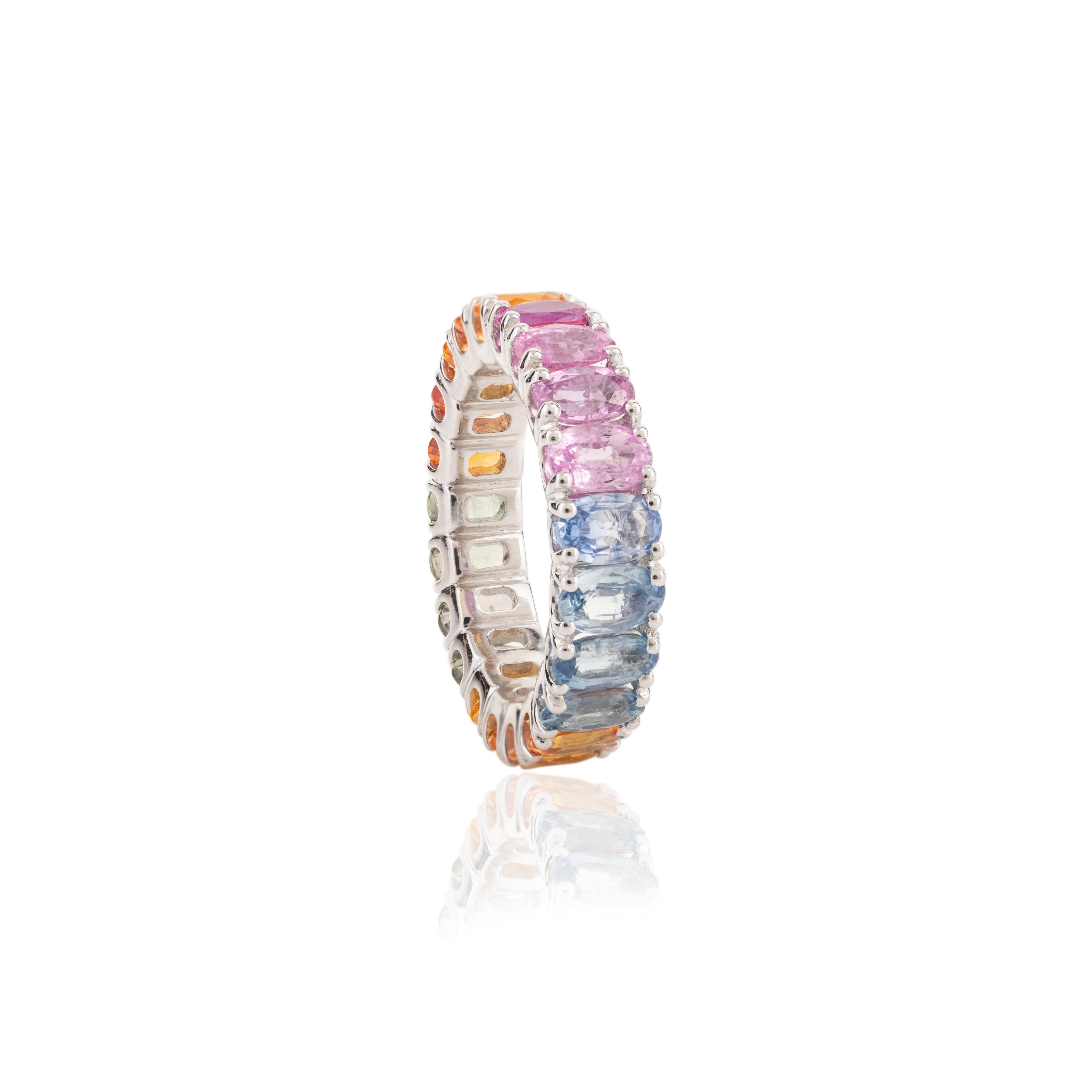 For Sale:  18 Karat White Gold 6.54 Carat Multi Colored Sapphire Eternity Band Ring 3