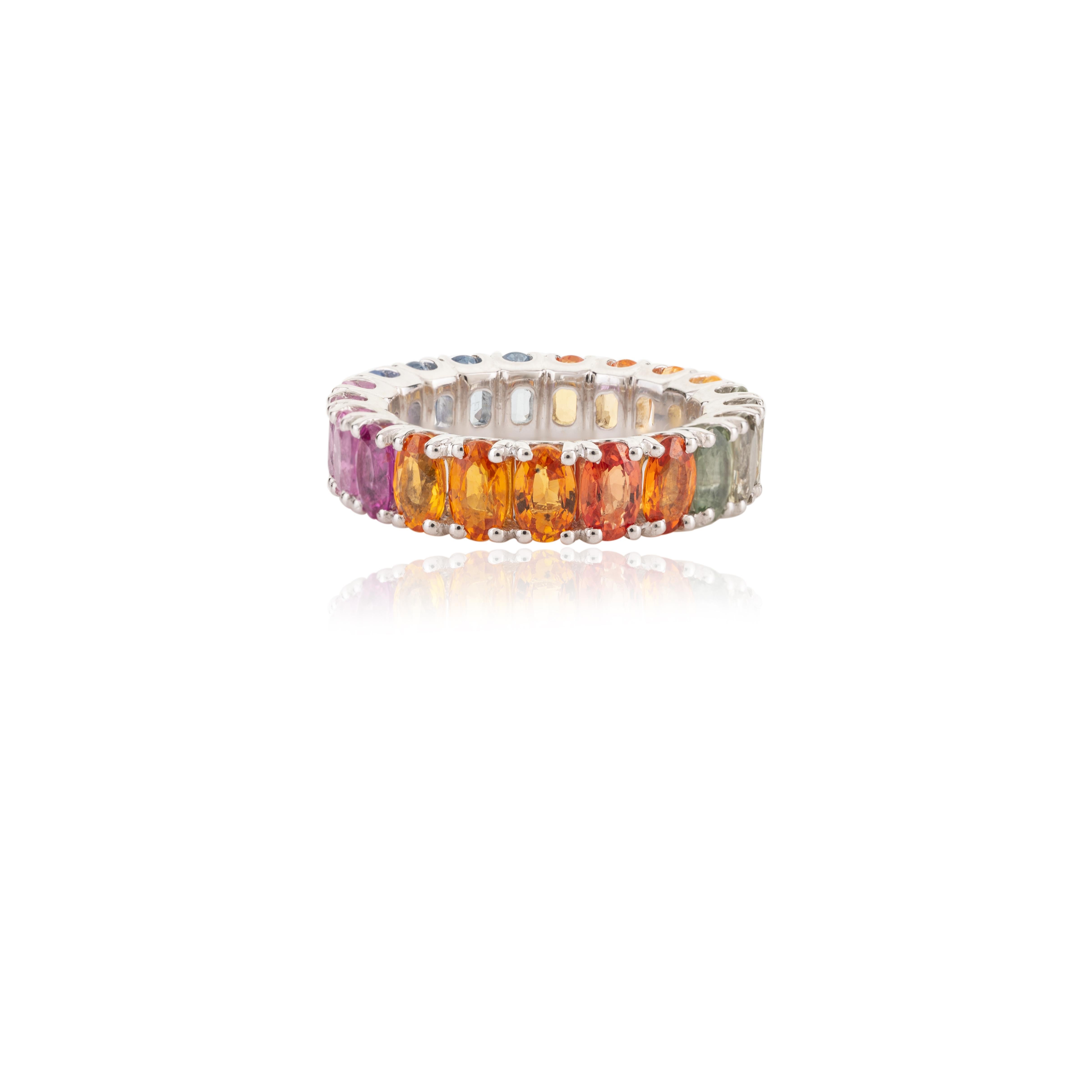 For Sale:  18 Karat White Gold 6.54 Carat Multi Colored Sapphire Eternity Band Ring 5