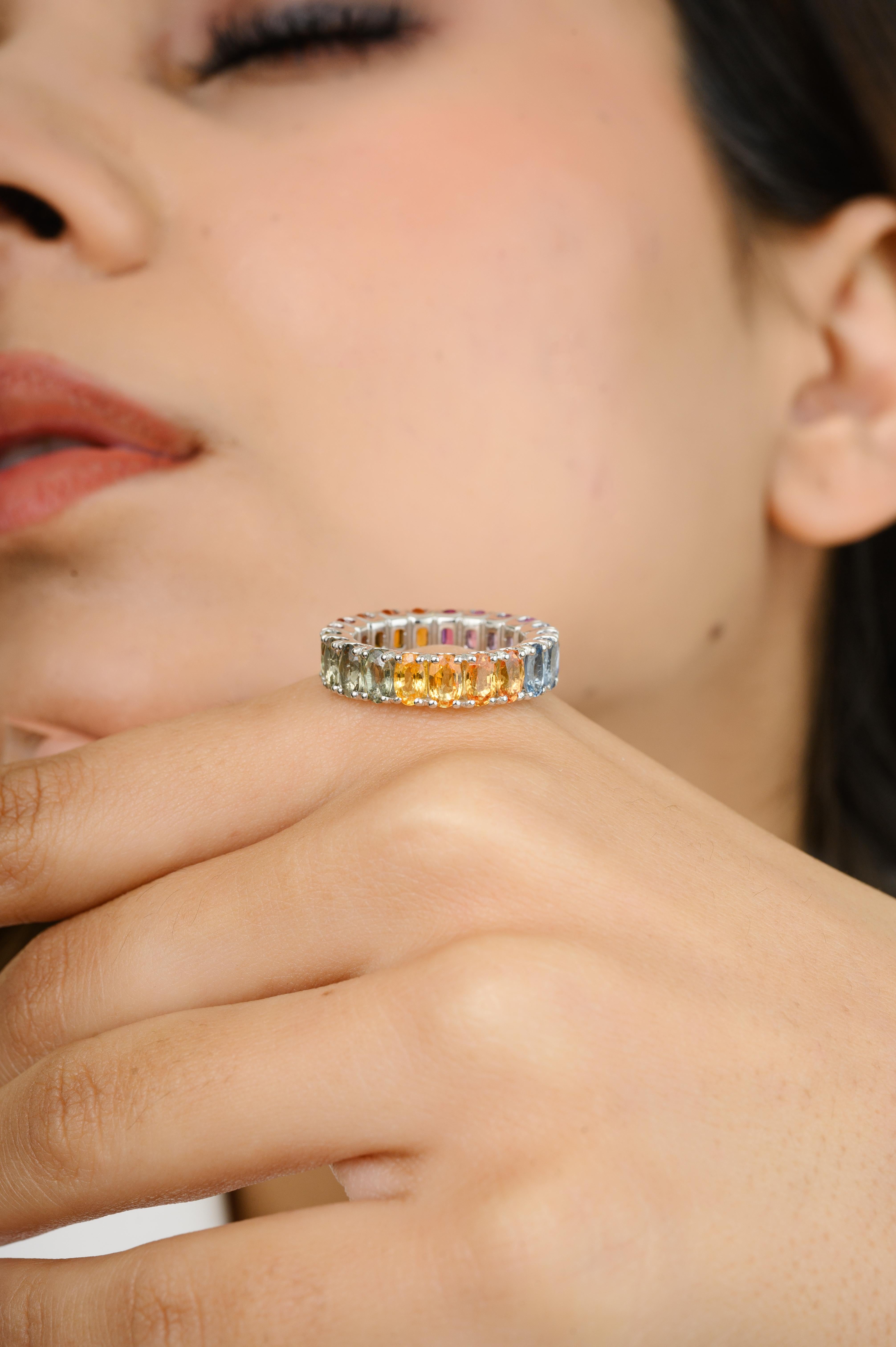 For Sale:  18 Karat White Gold 6.54 Carat Multi Colored Sapphire Eternity Band Ring 6