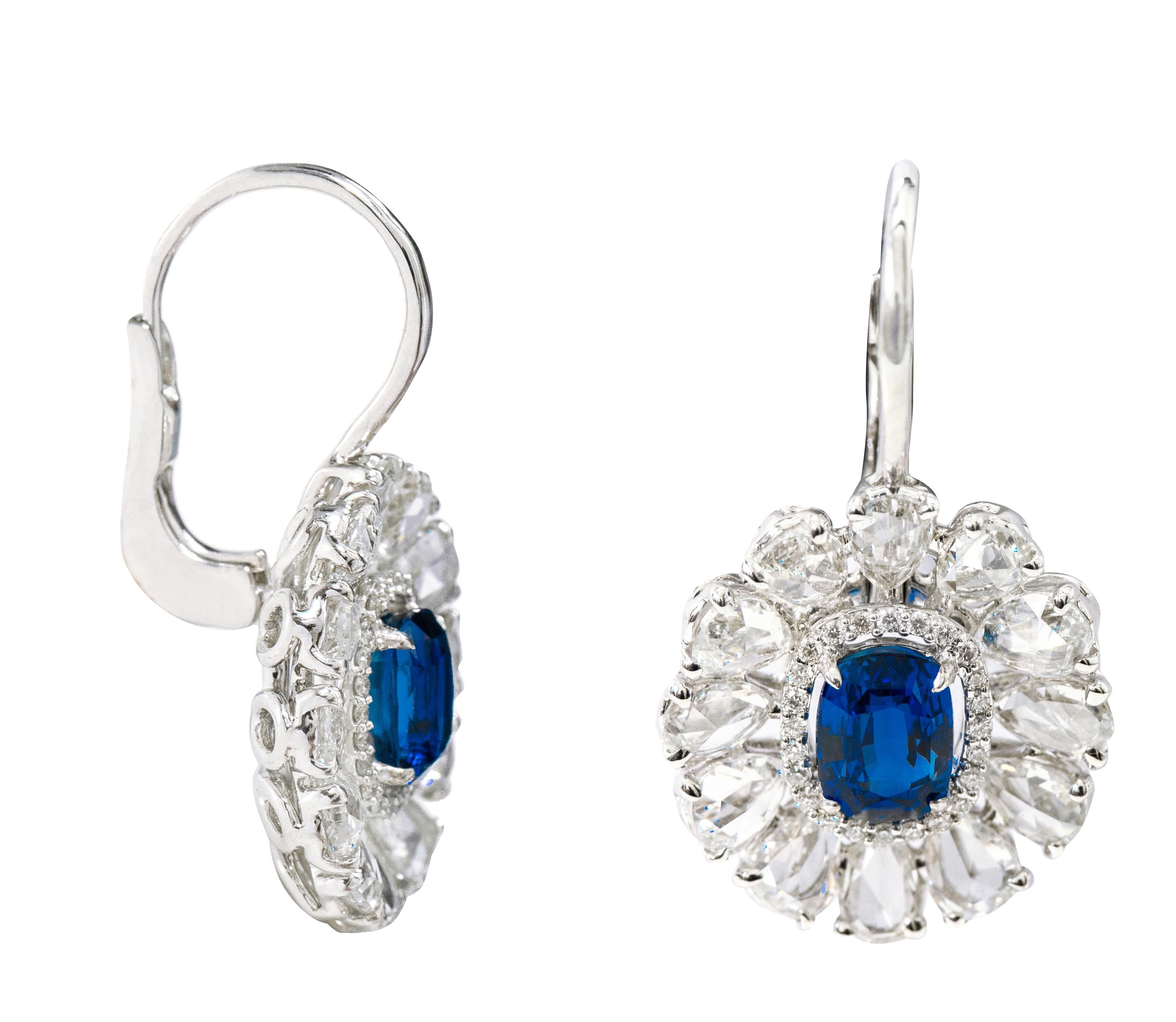 18 Karat White Gold 6.75 Carats Sapphire and Diamond Lever-Back Drop Earrings

This exquisite azure blue sapphire and diamond hanging earring is articulate. The solitaire oval sapphire is brilliantly surrounded with a fine pave set round diamond