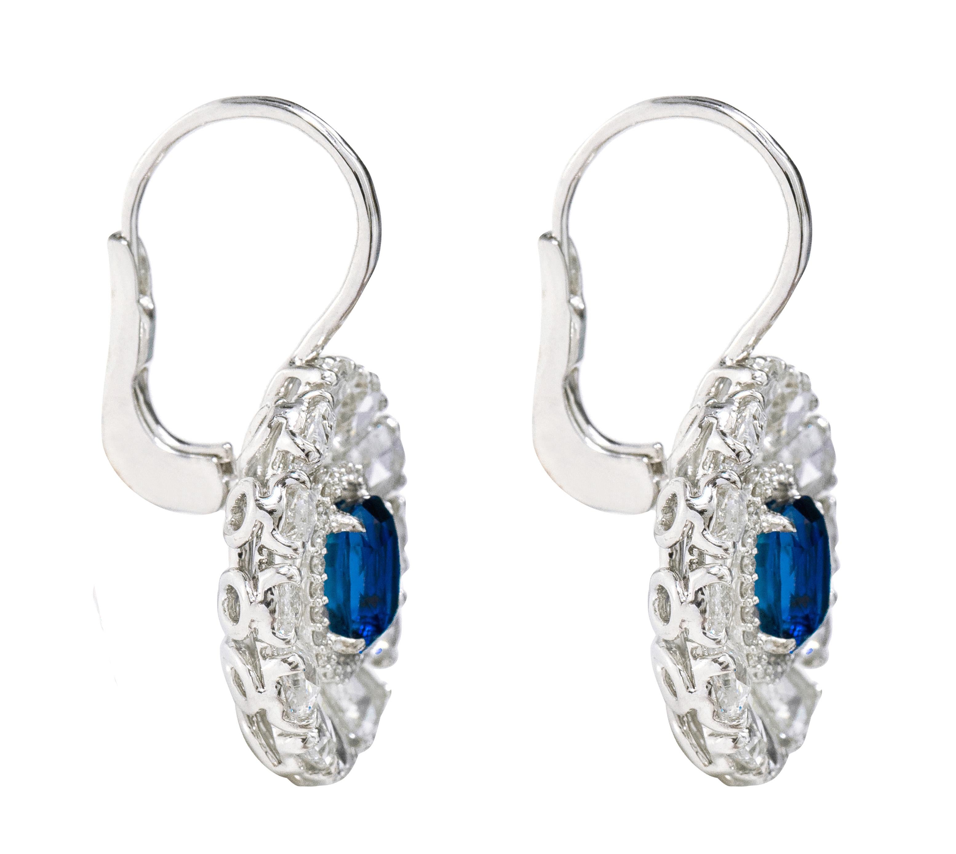 Contemporary 18 Karat White Gold 6.75 Carats Sapphire and Diamond Lever-Back Drop Earrings For Sale