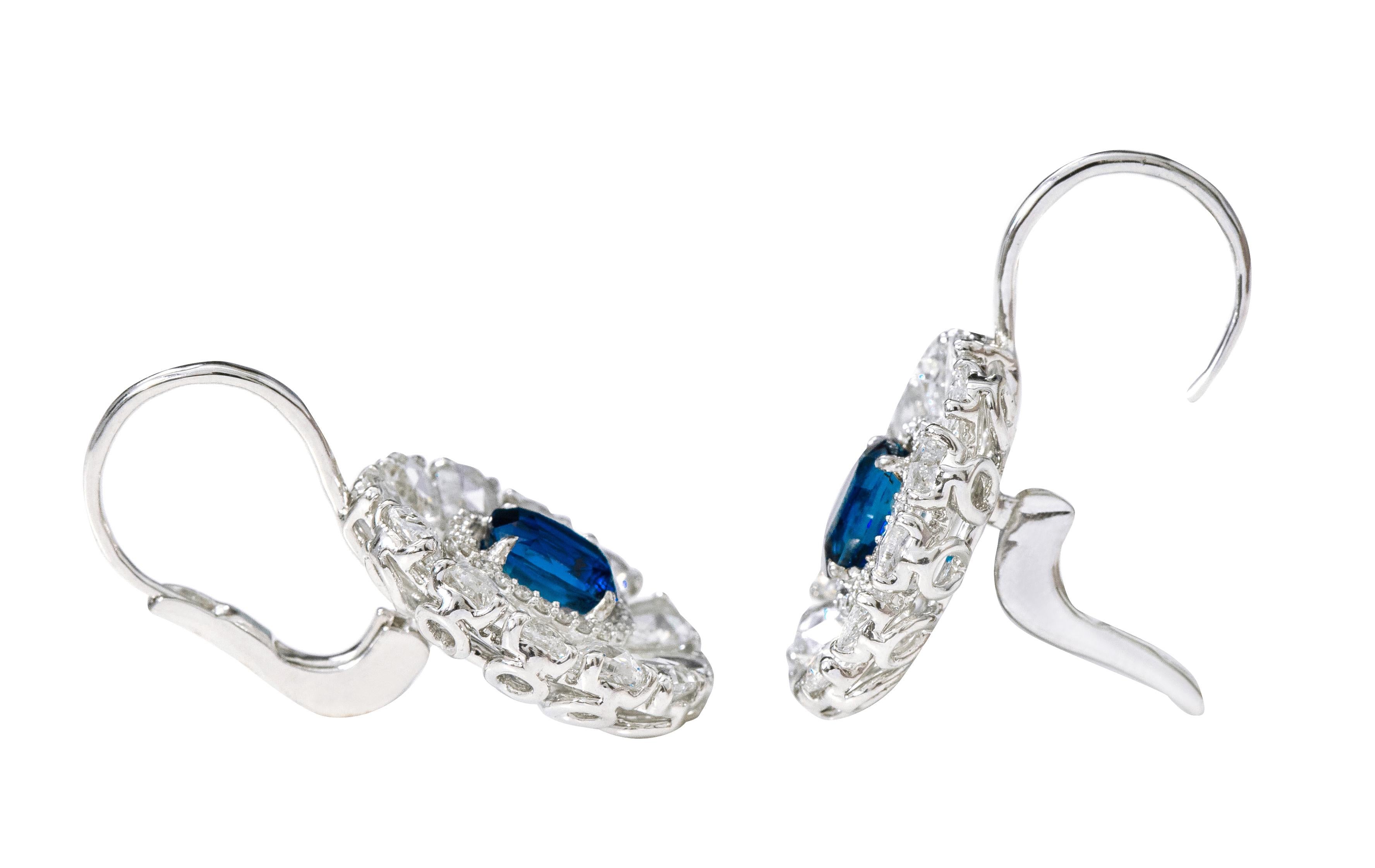 Oval Cut 18 Karat White Gold 6.75 Carats Sapphire and Diamond Lever-Back Drop Earrings For Sale