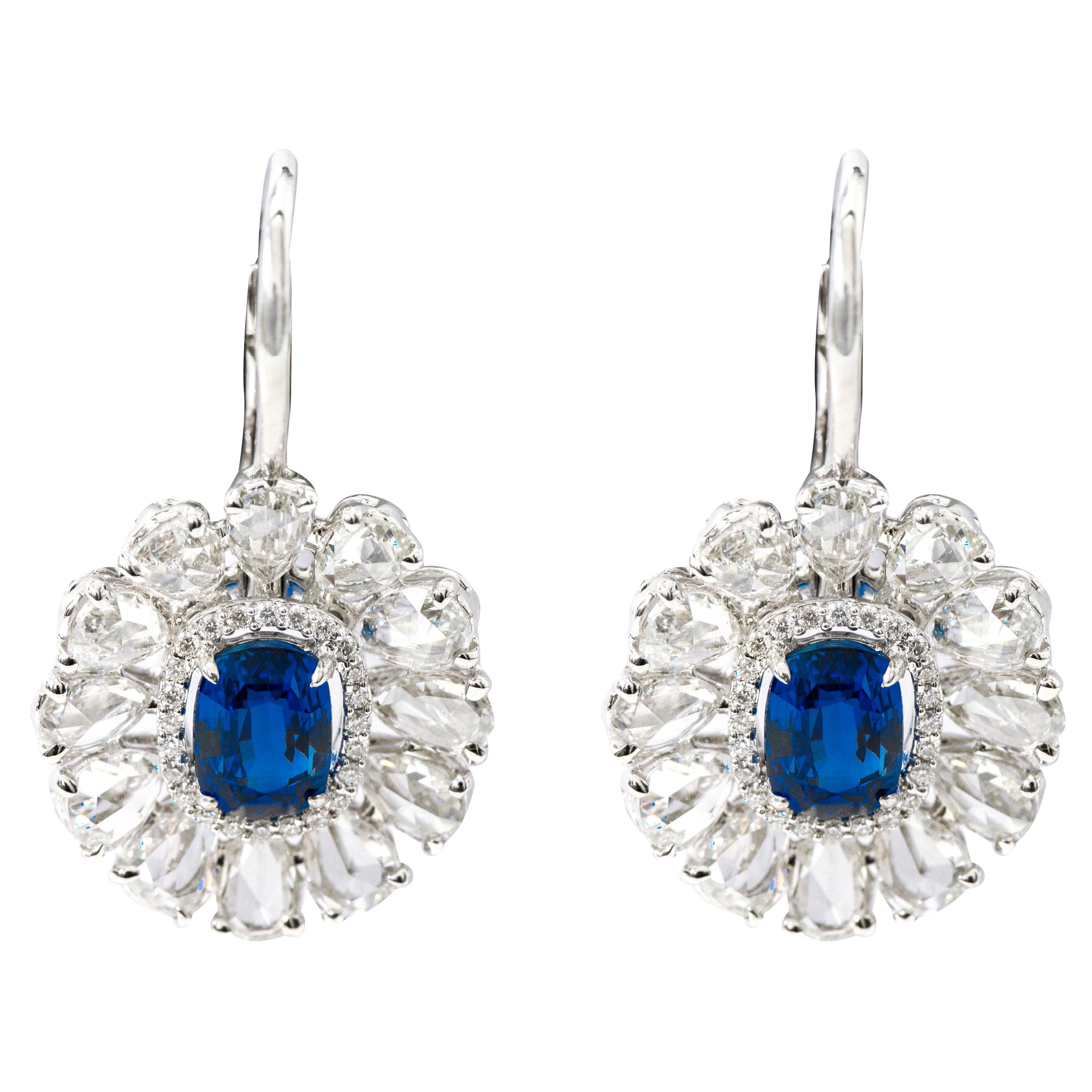 18 Karat White Gold 6.75 Carats Sapphire and Diamond Lever-Back Drop Earrings For Sale