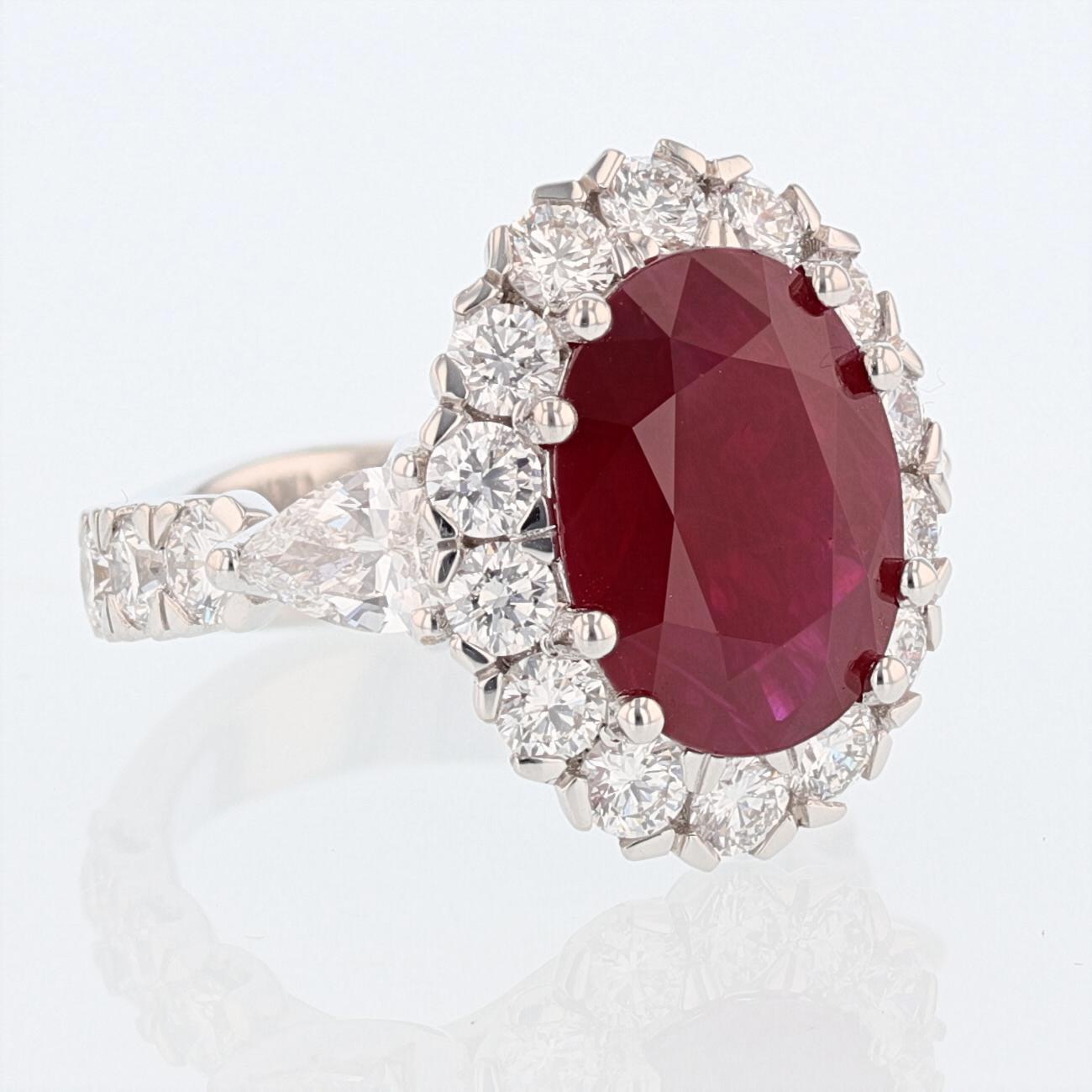 This ring is made in 18k white gold and features a 6.75 ct Burmese ruby with a GRS certificate. The certificate number is 