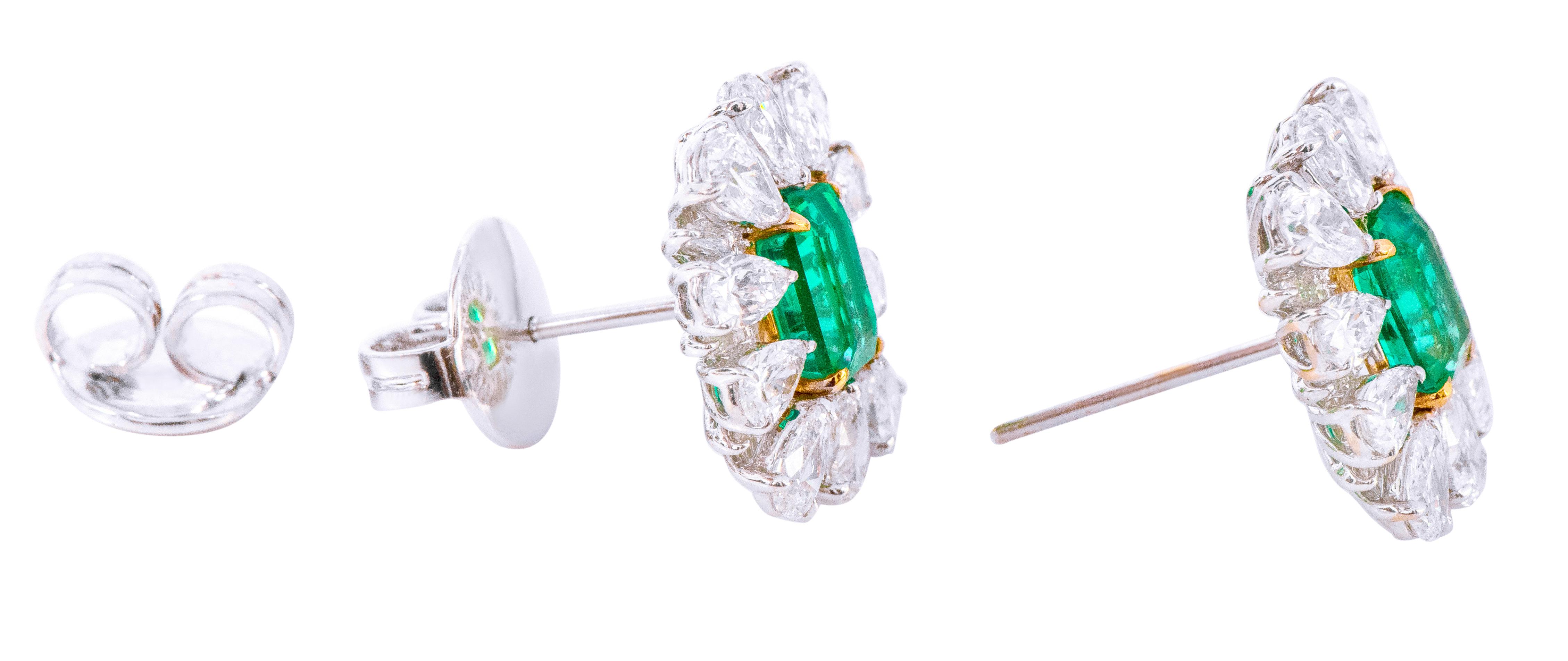 Emerald Cut 18 Karat White Gold 6.80 Carat Natural Emerald and Diamond Cluster Stud Earrings For Sale
