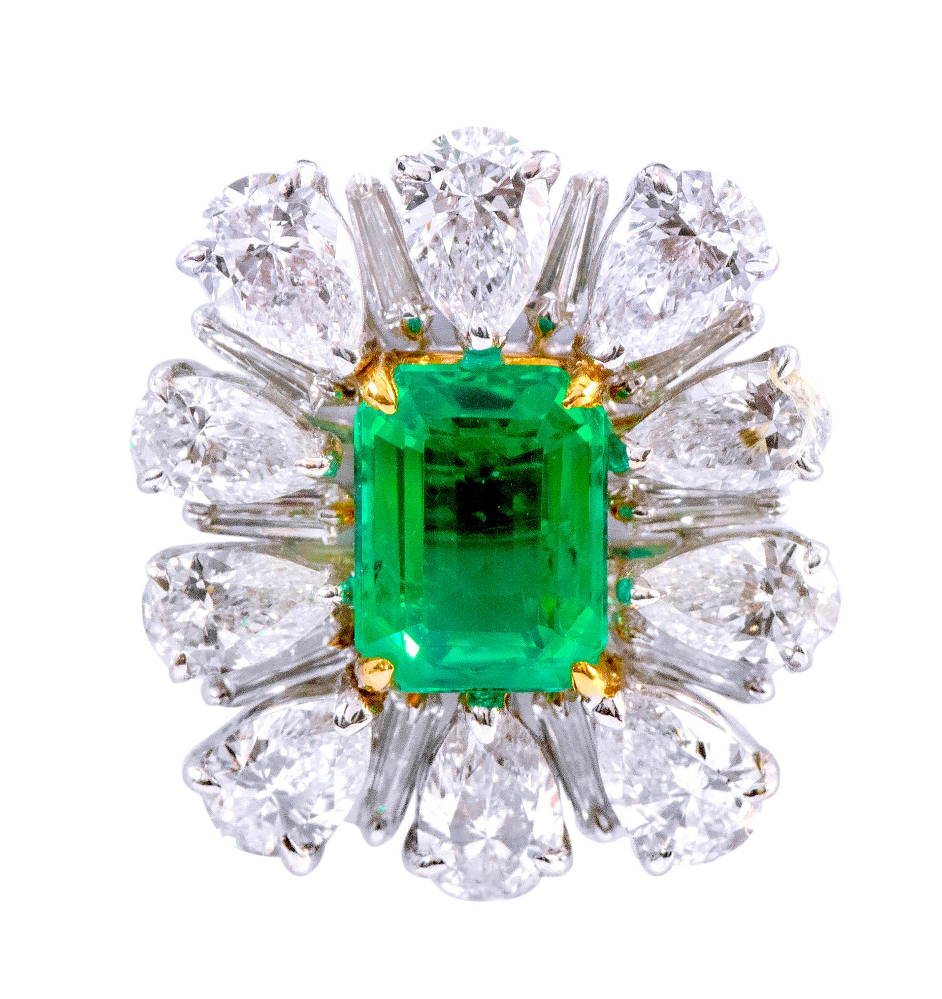 Women's 18 Karat White Gold 6.80 Carat Natural Emerald and Diamond Cluster Stud Earrings For Sale