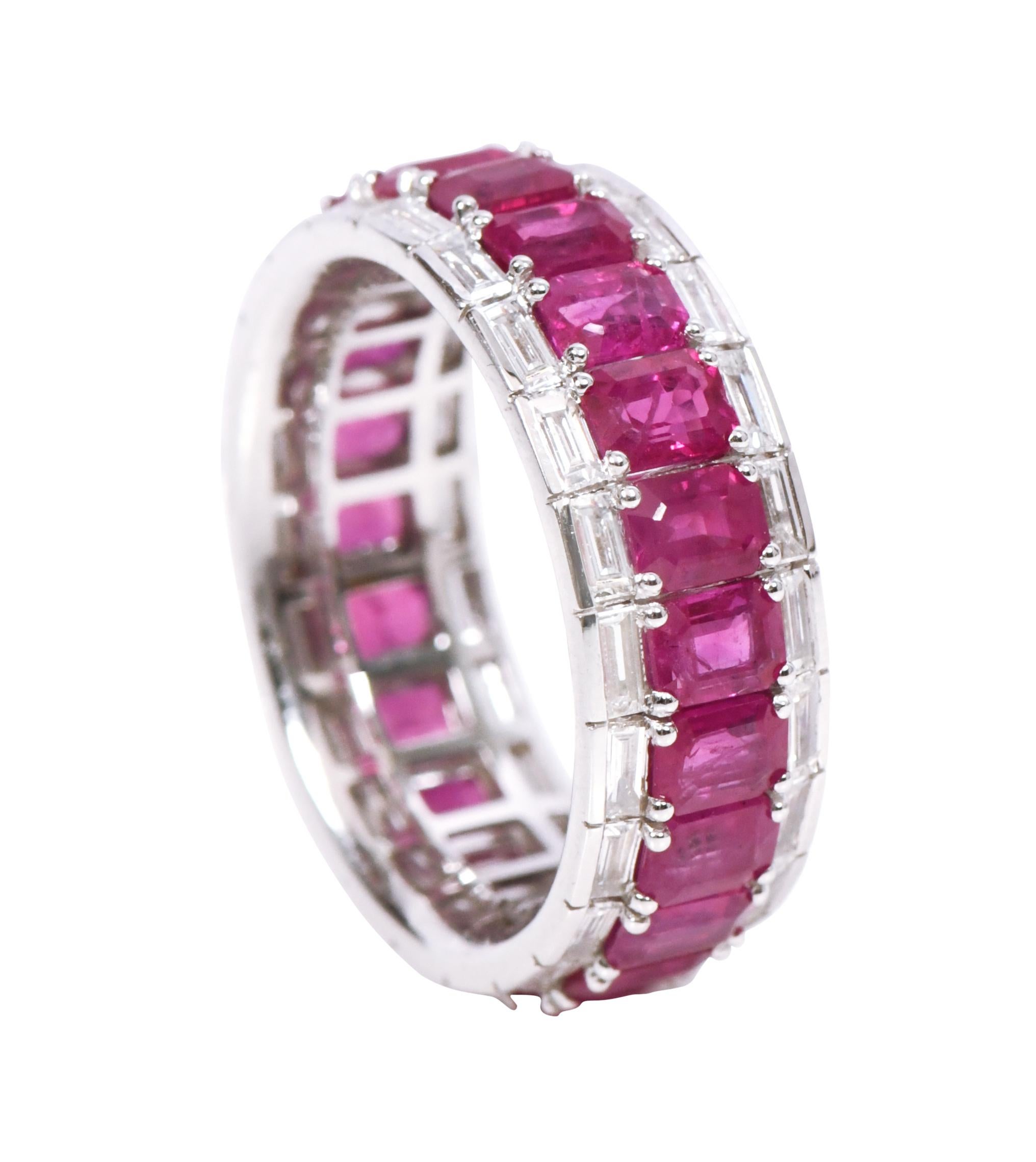 Contemporary 18 Karat White Gold 6.85 Carat Ruby and Diamond Eternity Band Ring For Sale