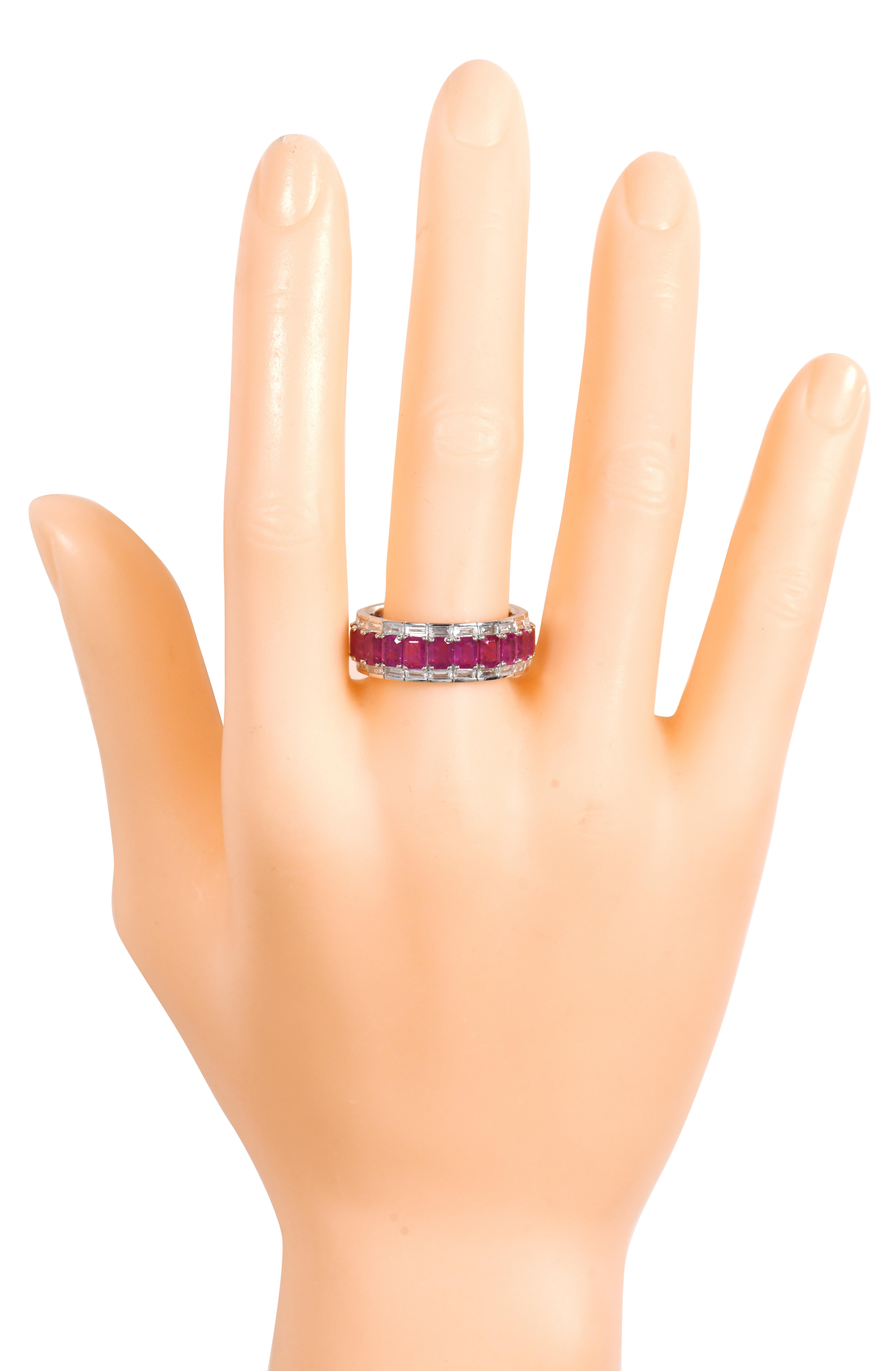 Emerald Cut 18 Karat White Gold 6.85 Carat Ruby and Diamond Eternity Band Ring For Sale