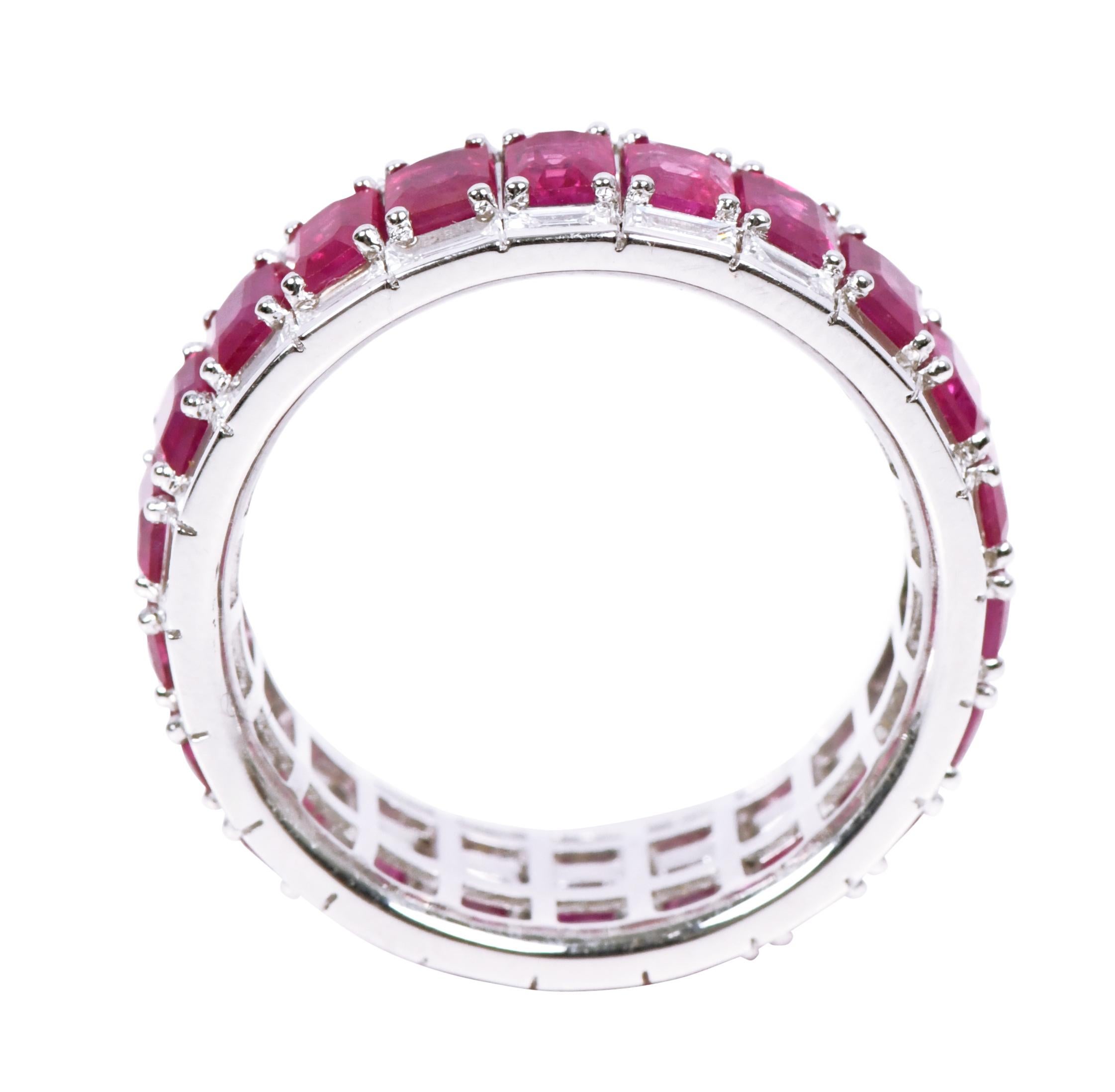 Women's 18 Karat White Gold 6.85 Carat Ruby and Diamond Eternity Band Ring For Sale