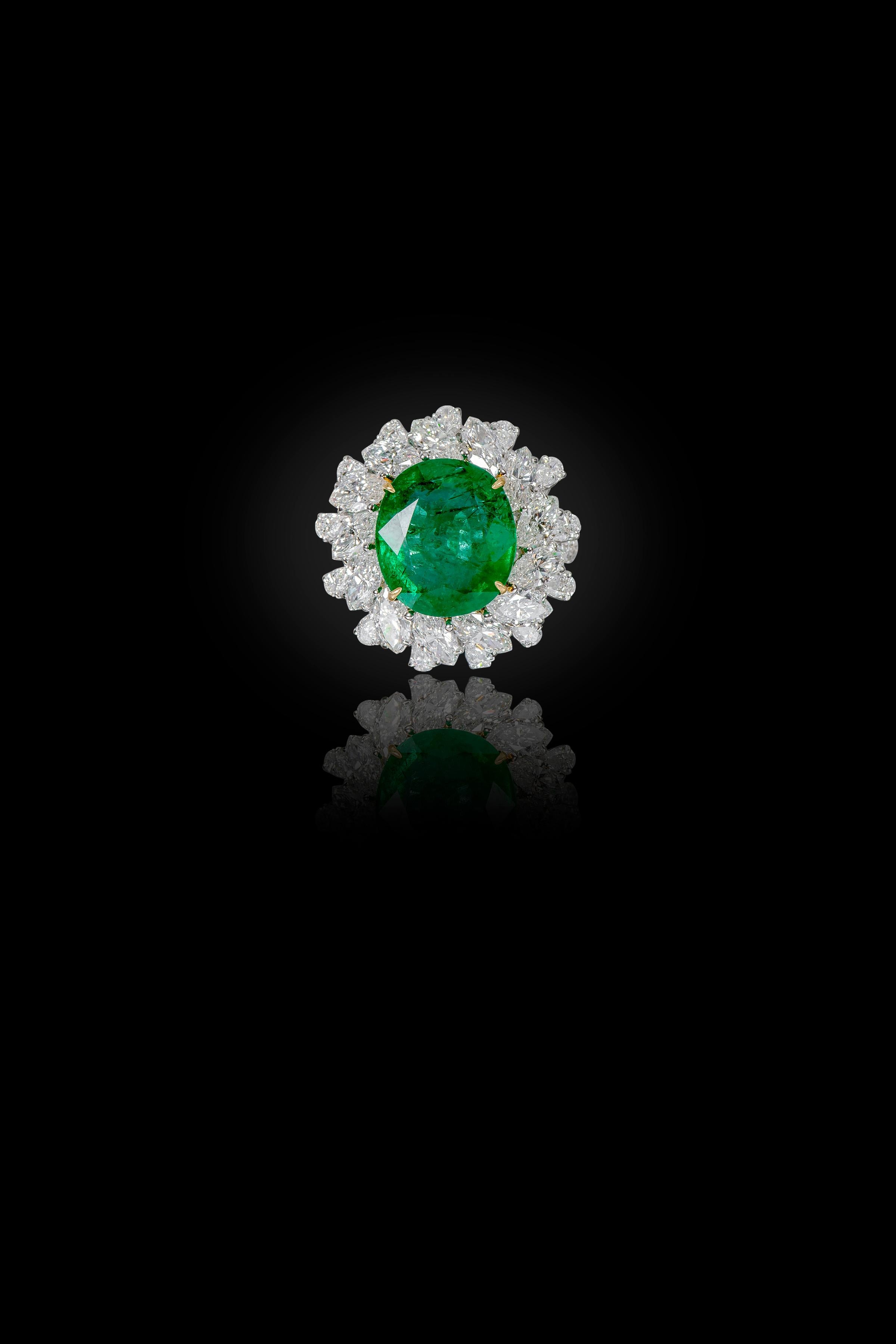 Oval Cut 18 Karat Gold 6.98 Carat Natural Emerald and Diamond Cluster Statement Ring For Sale