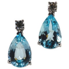 18 Karat White Gold 7.0 Carat Blue Teardrop Aquamarine and Diamond Earrings