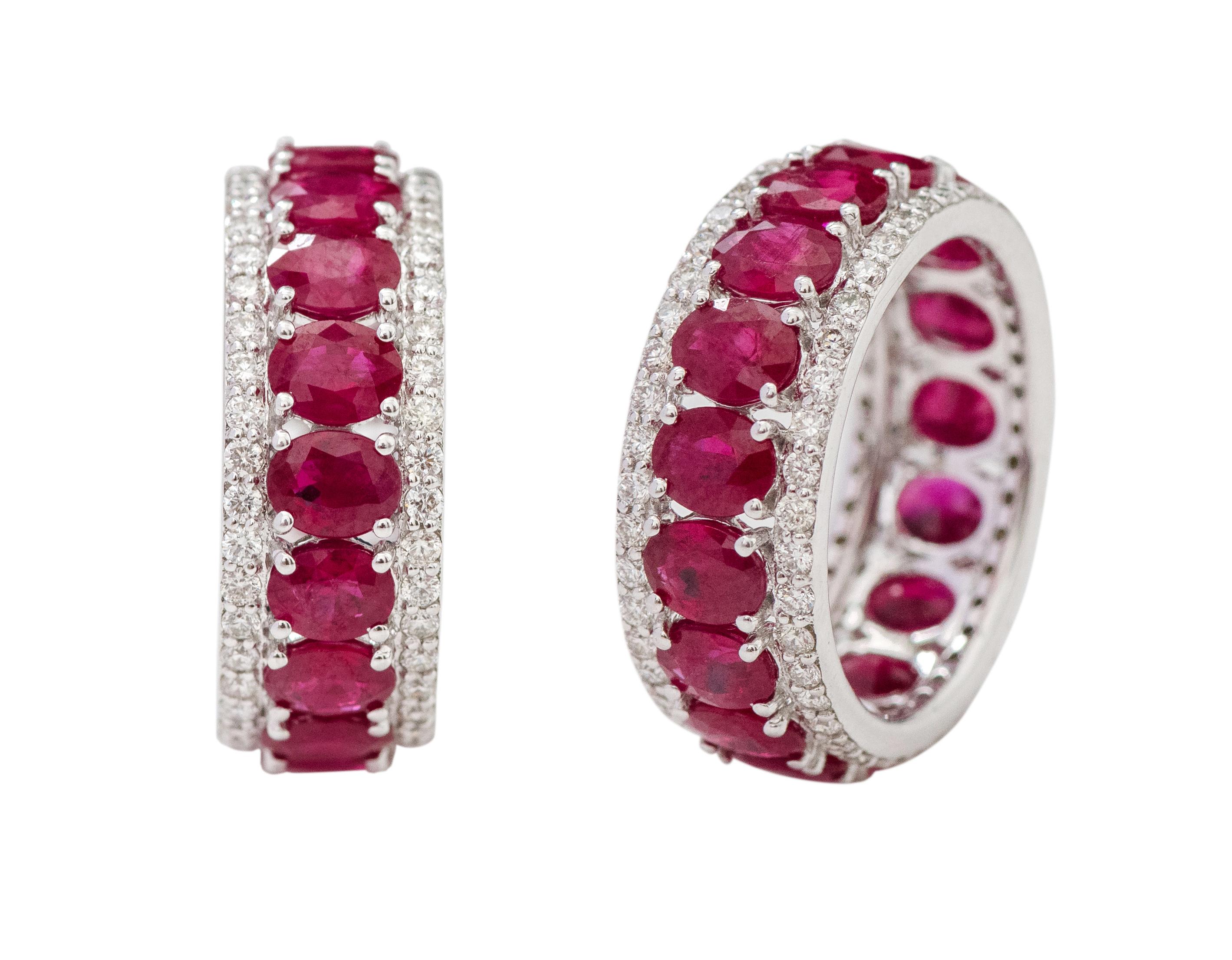 Contemporary 18 Karat White Gold 7.02 Carat Oval-Cut Ruby and Diamond Eternity Band Ring For Sale