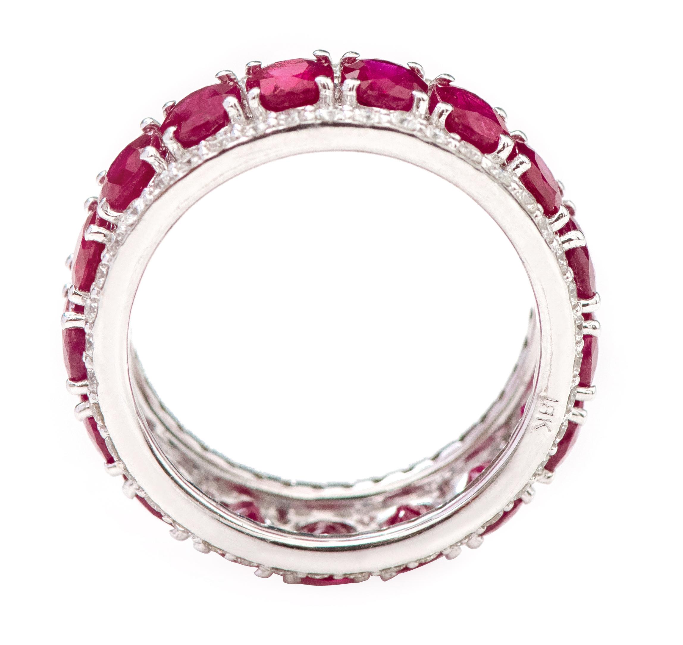 Women's 18 Karat White Gold 7.02 Carat Oval-Cut Ruby and Diamond Eternity Band Ring For Sale