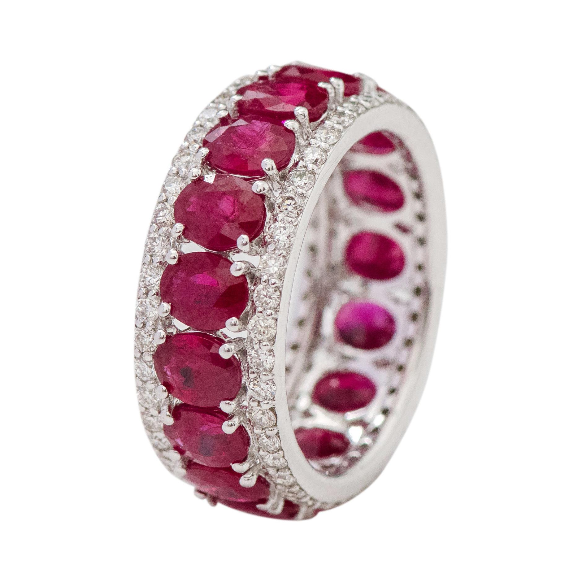 18 Karat White Gold 7.02 Carat Oval-Cut Ruby and Diamond Eternity Band Ring For Sale