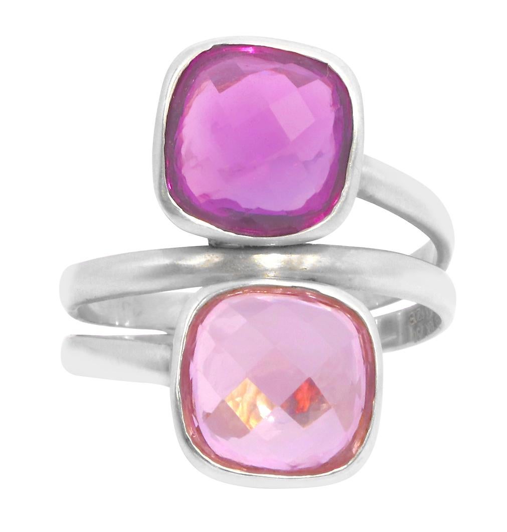 Rose Cut 18 Karat White Gold 7.22 Carat Purple and Pink Amethyst Two-Stone Ring For Sale
