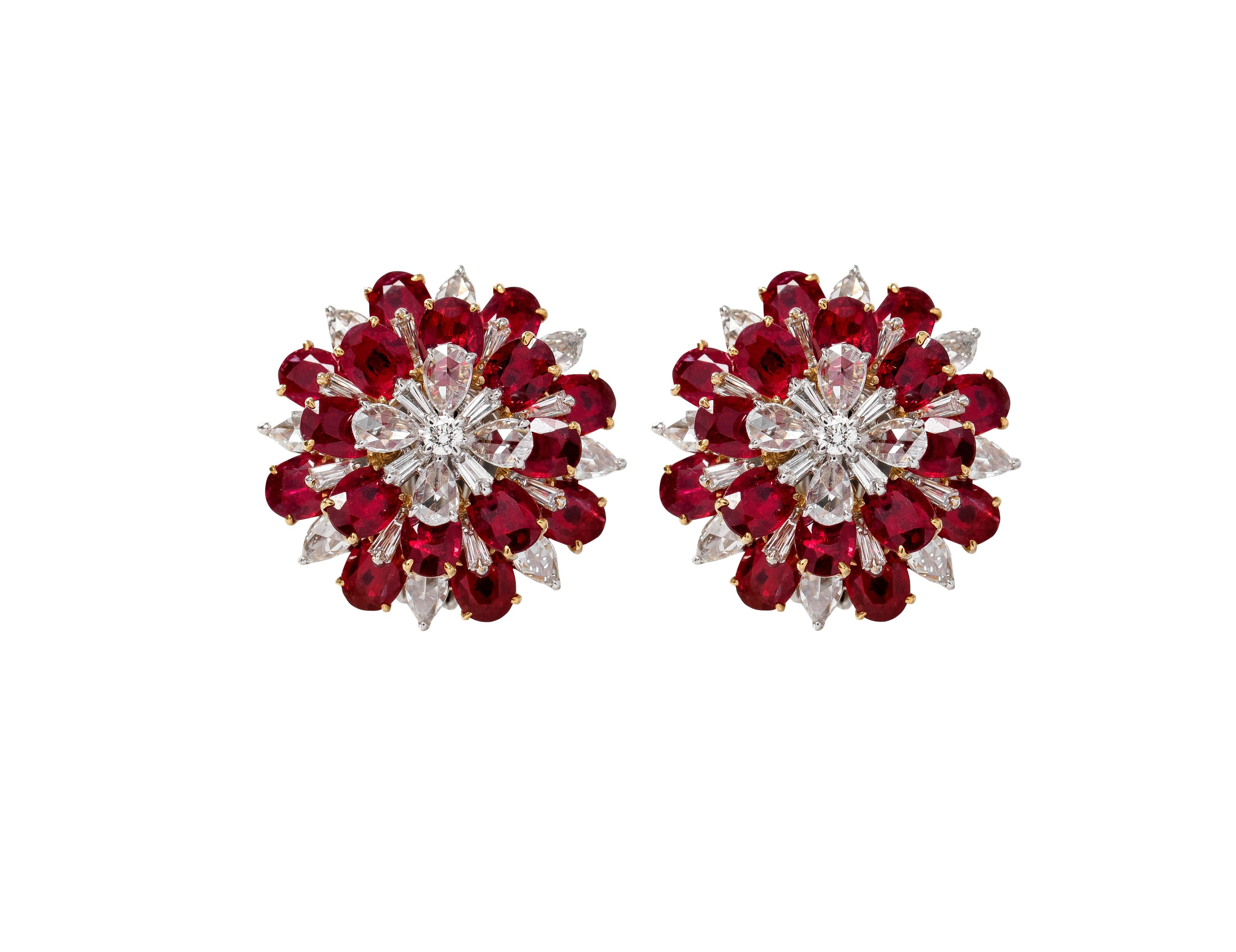 Modern 18 Karat White Gold 7.36 Carat Ruby and Diamond Flower Stud Earrings For Sale