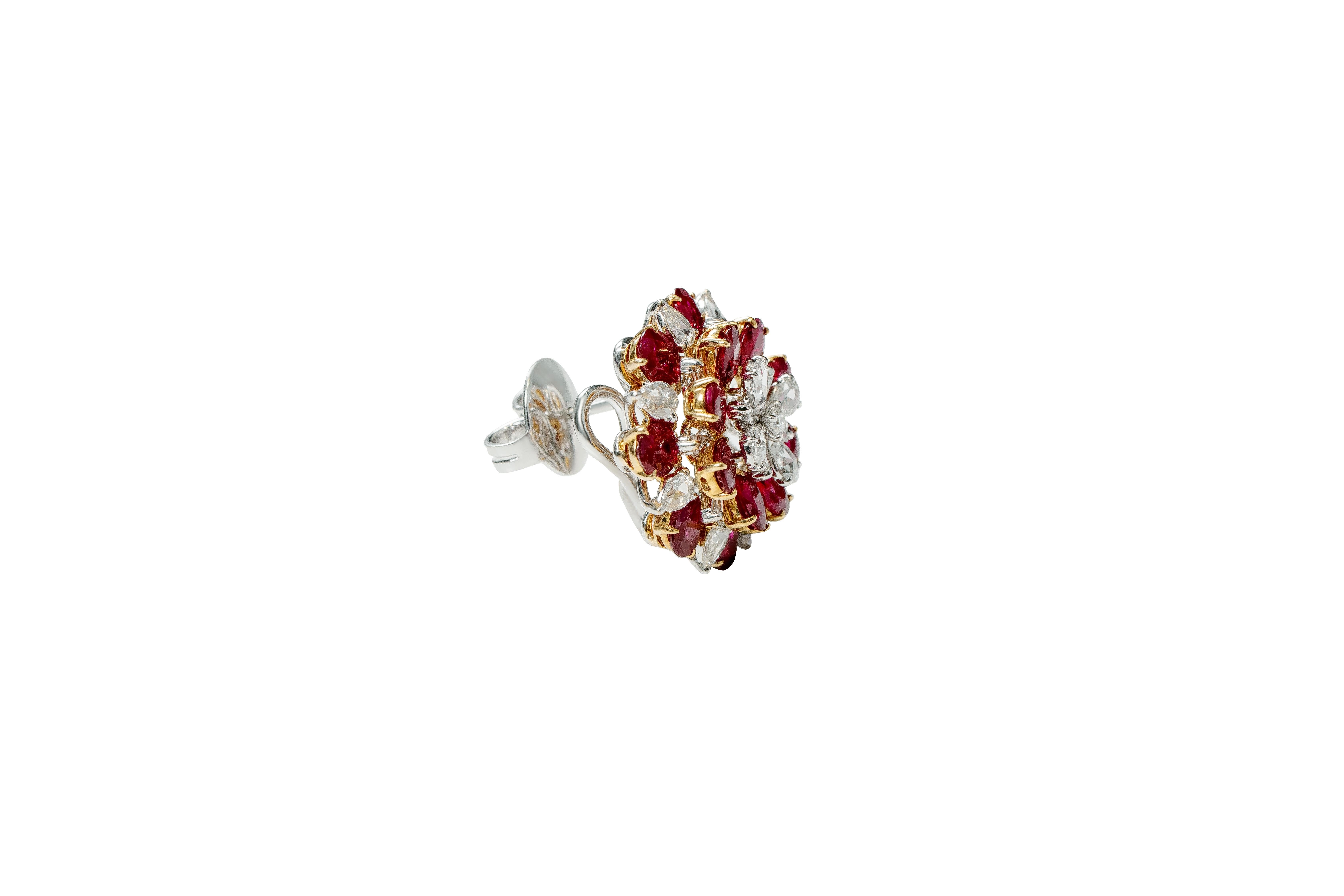 Oval Cut 18 Karat White Gold 7.36 Carat Ruby and Diamond Flower Stud Earrings For Sale