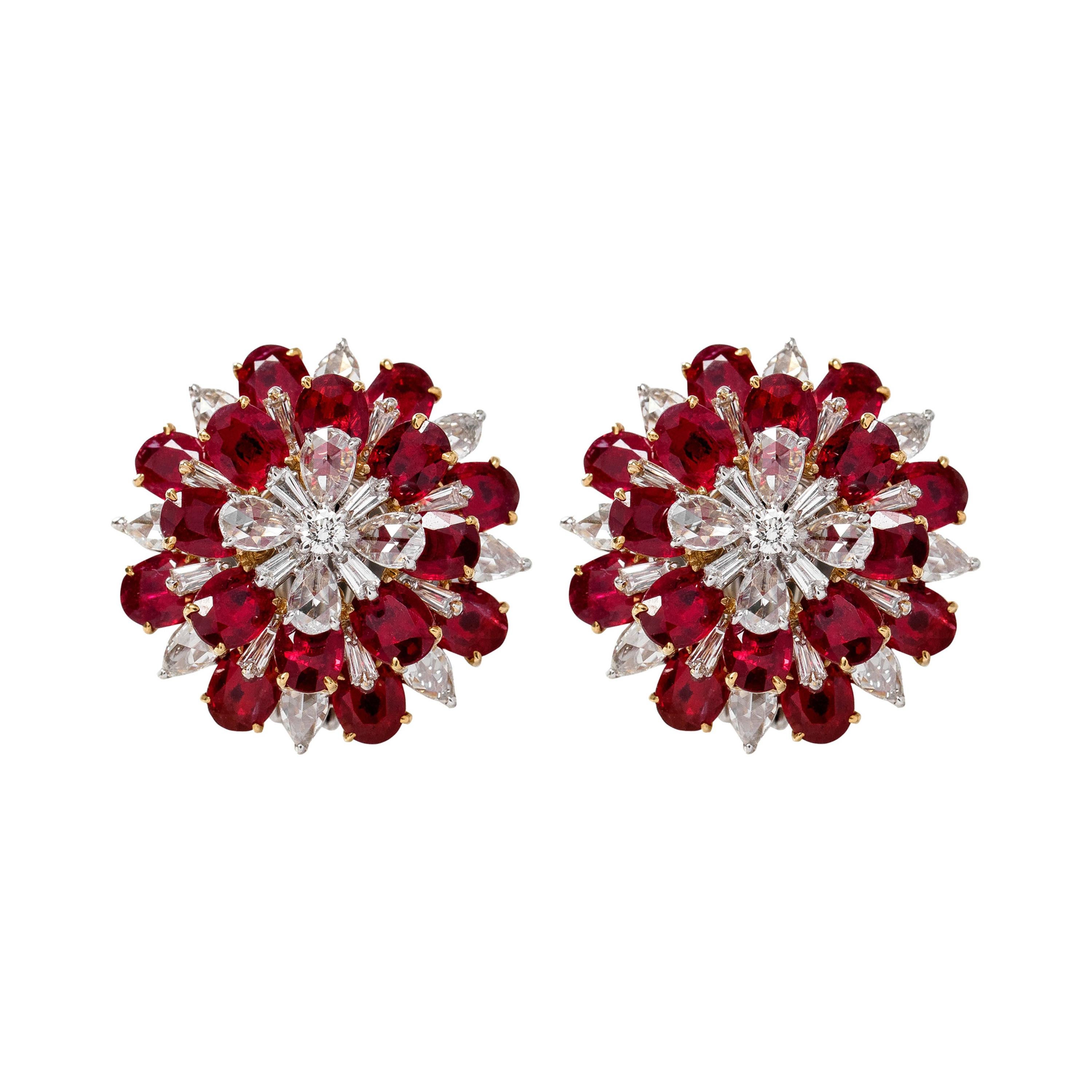 18 Karat White Gold 7.36 Carat Ruby and Diamond Flower Stud Earrings For Sale