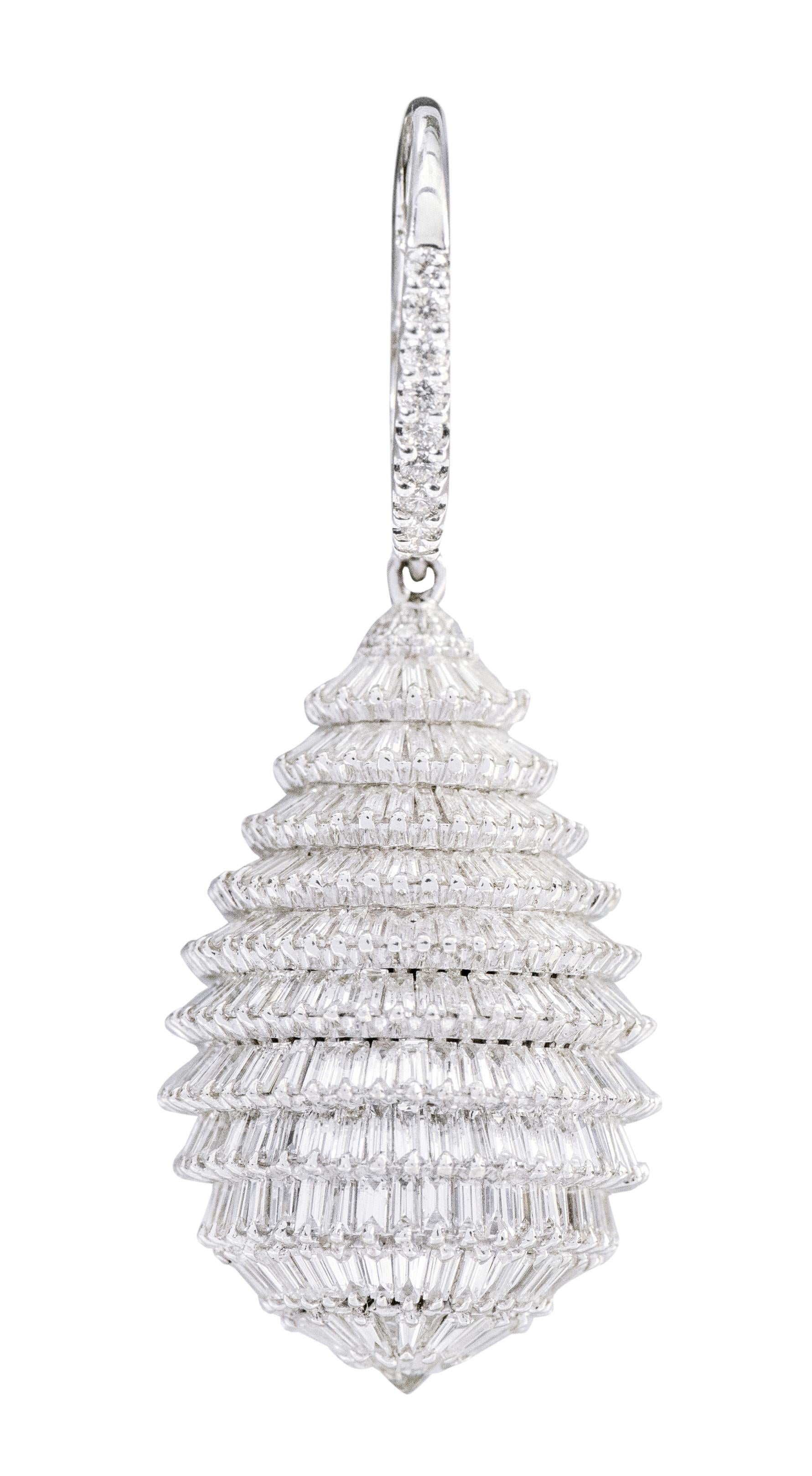 Women's 18 Karat White Gold 7.41 Carat Baguette-Cut Diamond Drop Cocktail Earrings For Sale