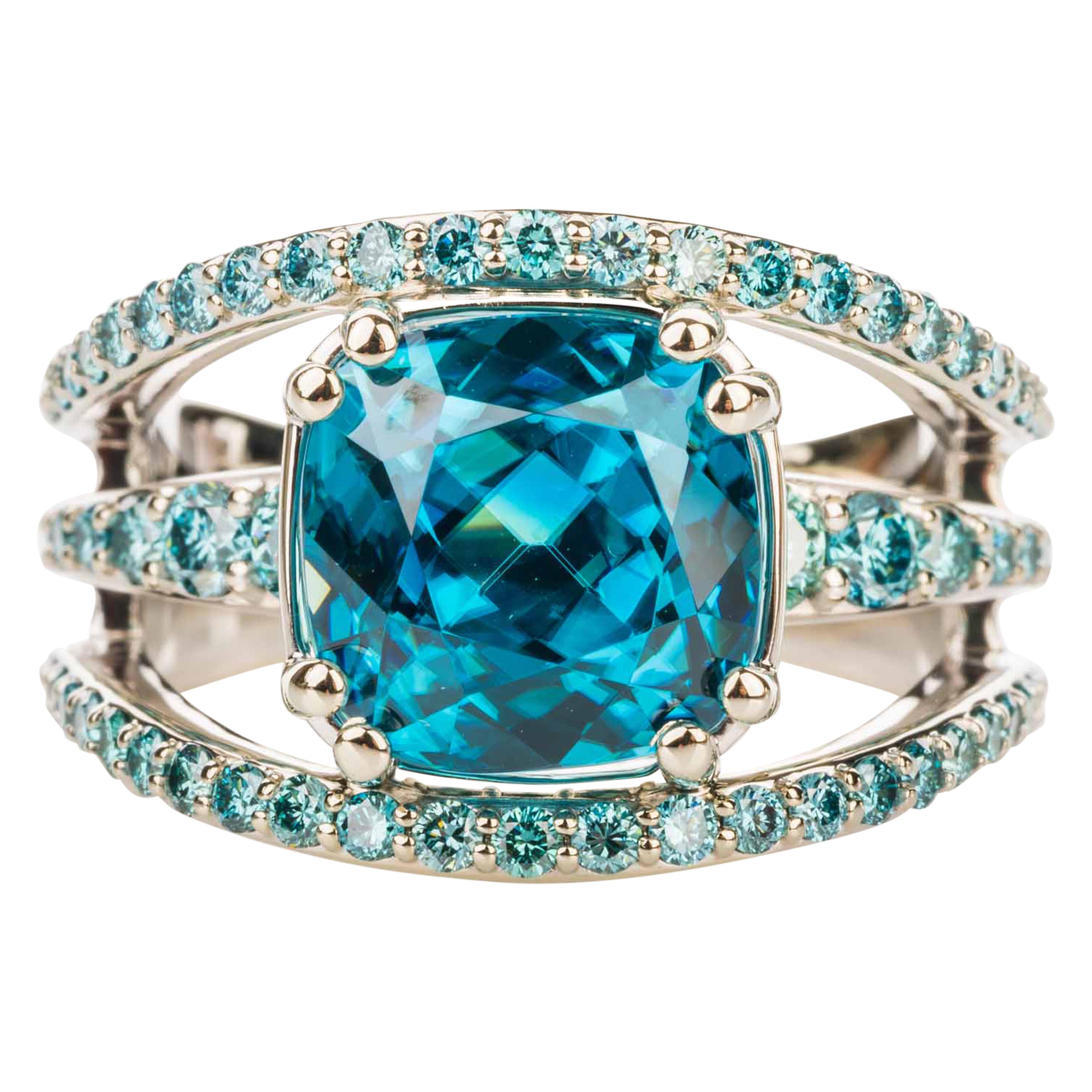 18 Karat White Gold 7.65 Carat Cushion Cut Blue Zircon Ring with Blue Diamonds