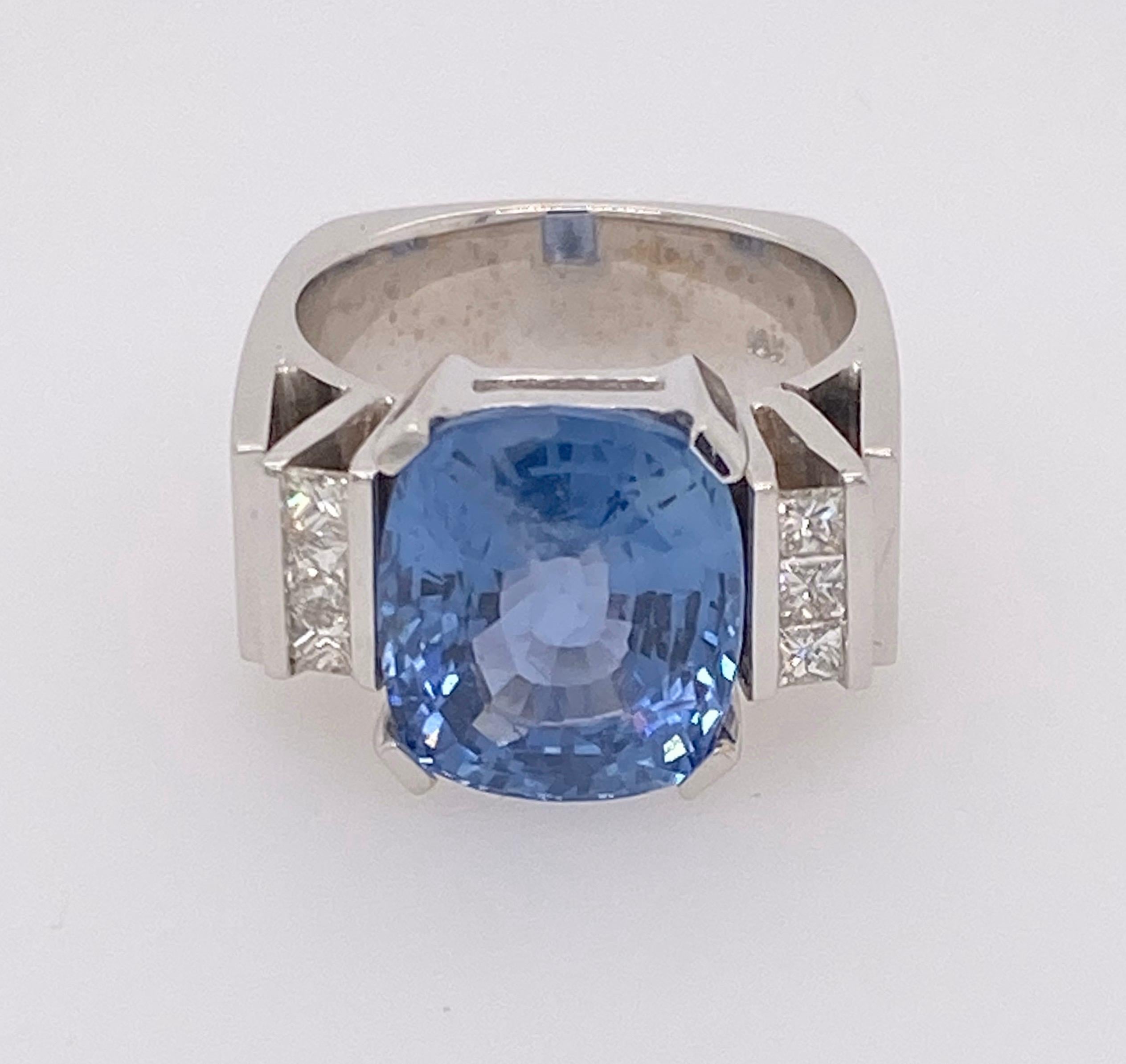 Cushion Cut 18 Karat White Gold 7.70 Carat Ceylon Blue Sapphire Diamond Ring For Sale