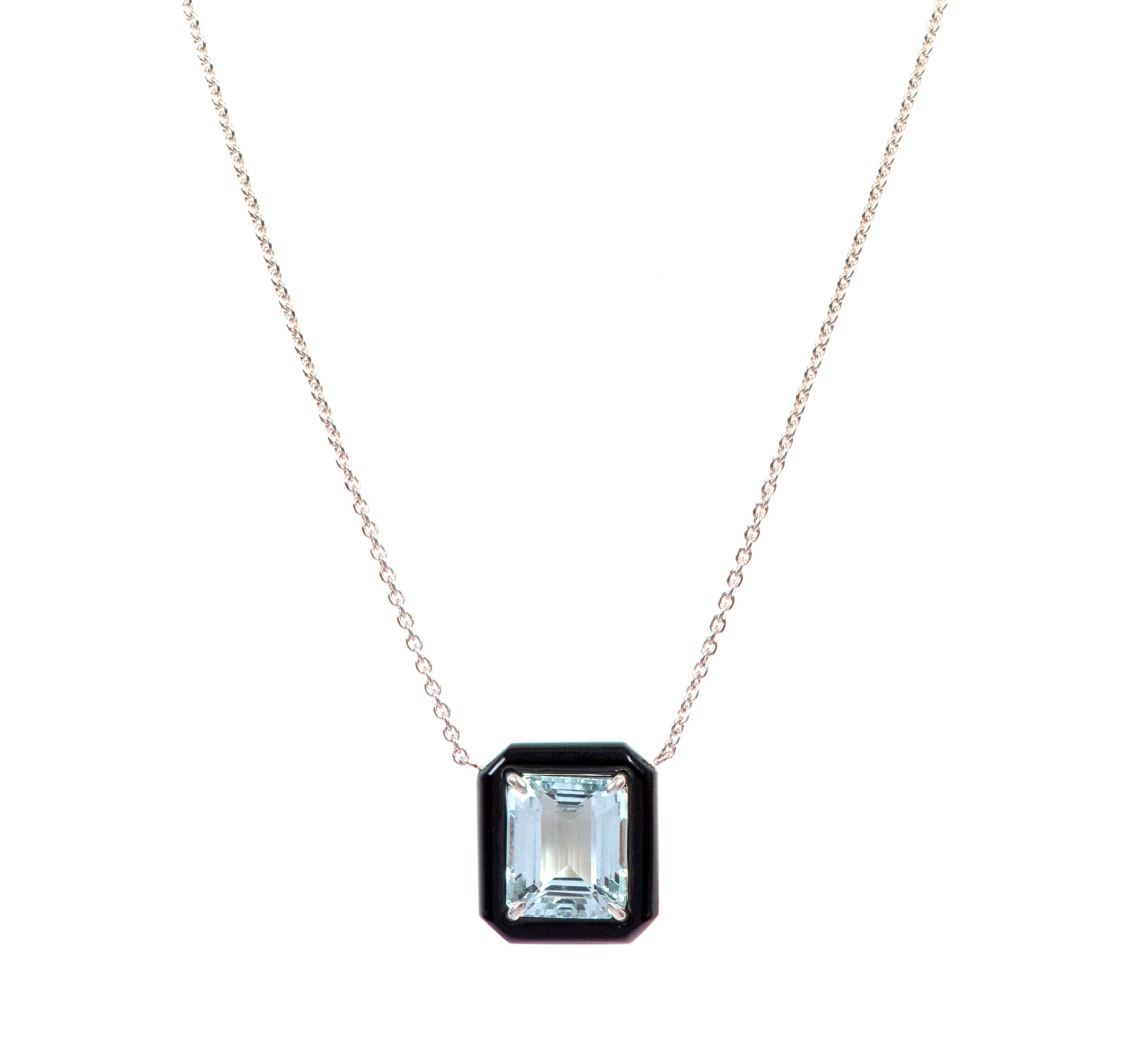 Emerald Cut 18 Karat White Gold 7.80 Carat Aquamarine and Black Onyx Pendant Necklace