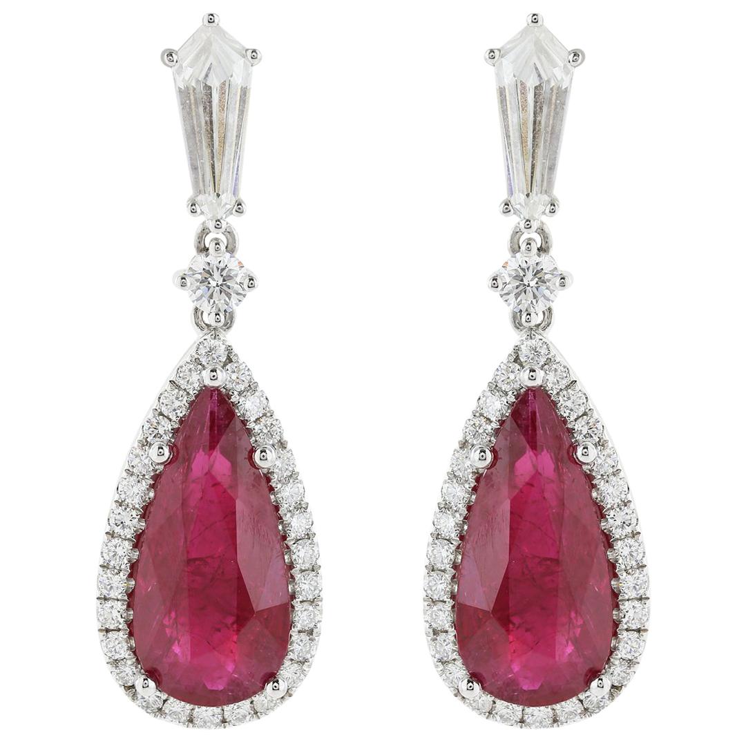 18 Karat White Gold 7.87 Carat Burma Ruby and Diamond Drop Earrings For Sale