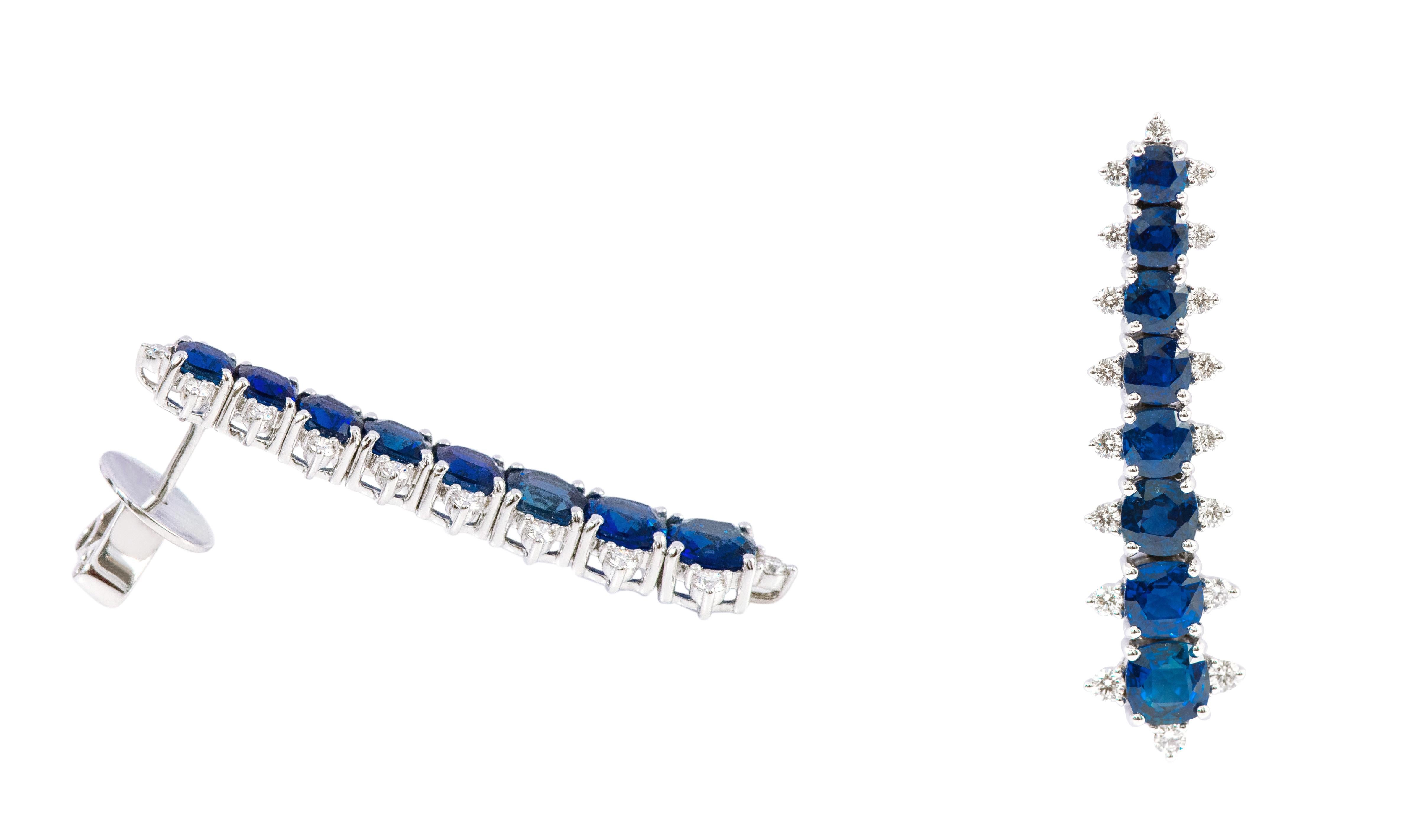 Cushion Cut 18 Karat White Gold 7.90 Carat Sapphire and Diamond Dangle Earrings For Sale