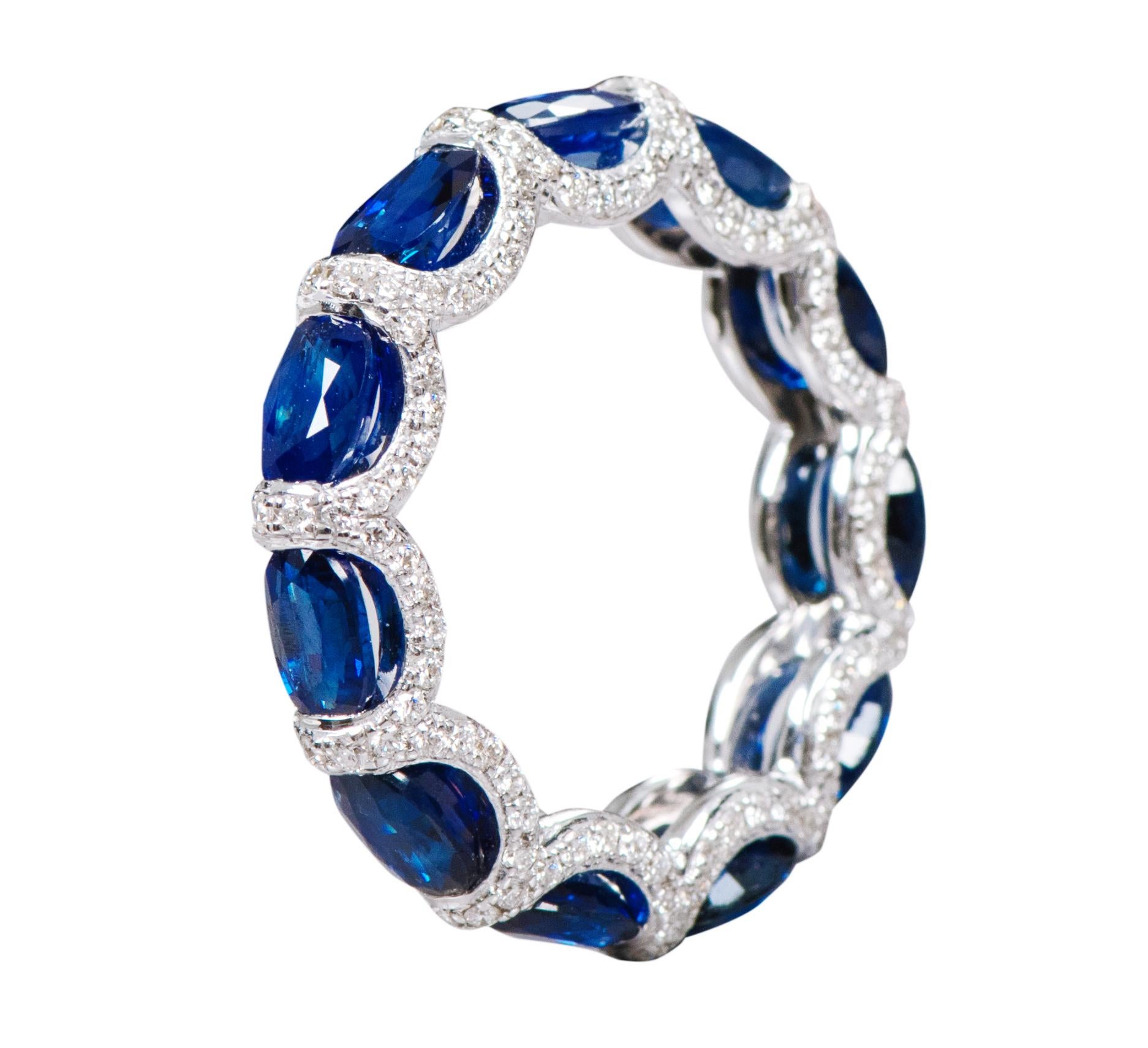 Modern 18 Karat White Gold 8-10 Carat Sapphire and Diamond Band in US 6 For Sale