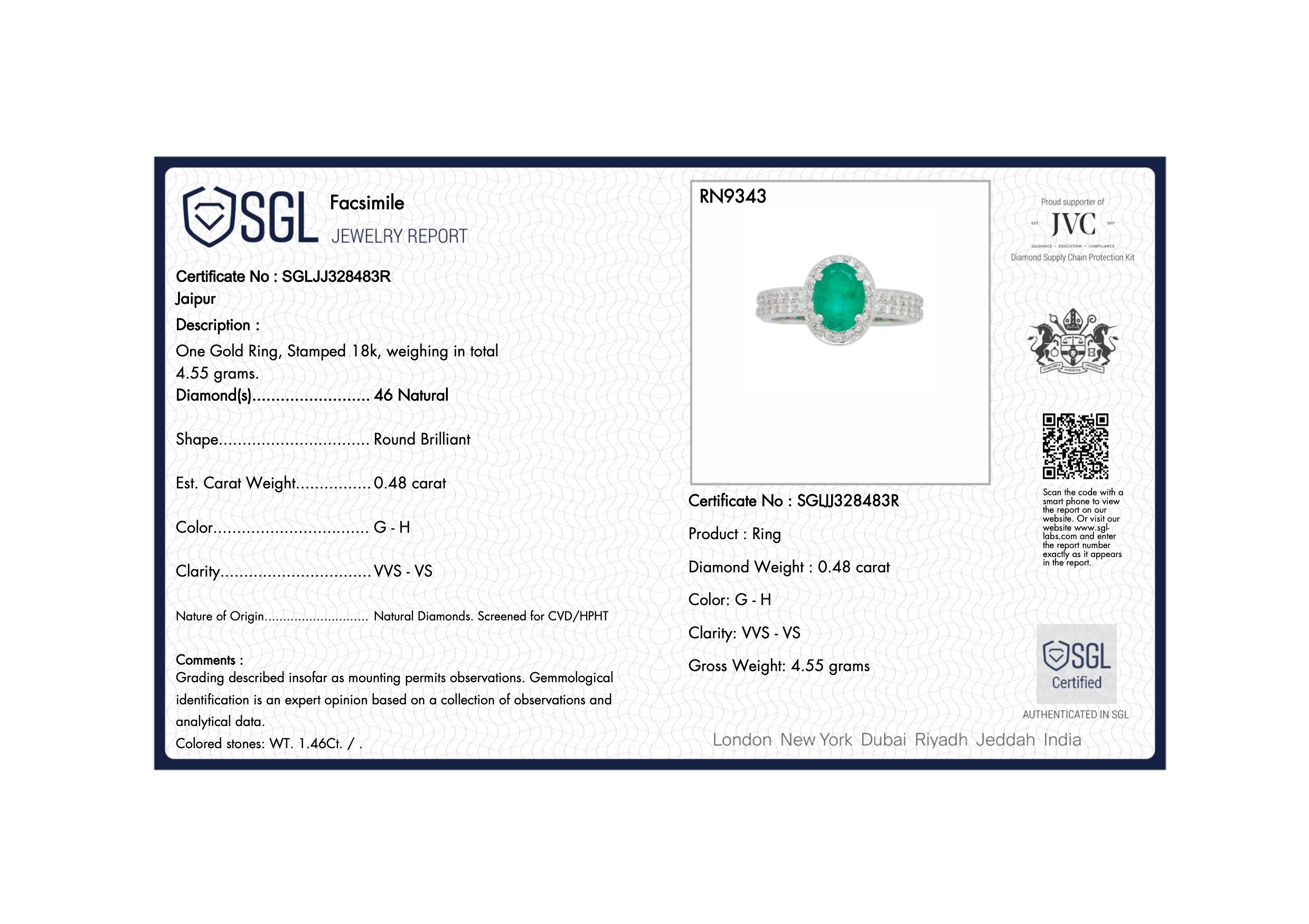 18 Karat White Gold 8.4x6.4 mm Oval Colombian Emerald Diamond Contemporary Ring For Sale 15