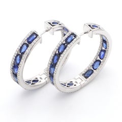 18 Karat White Gold 8.51 Carat Blue Sapphire and Diamond Hoop Earrings