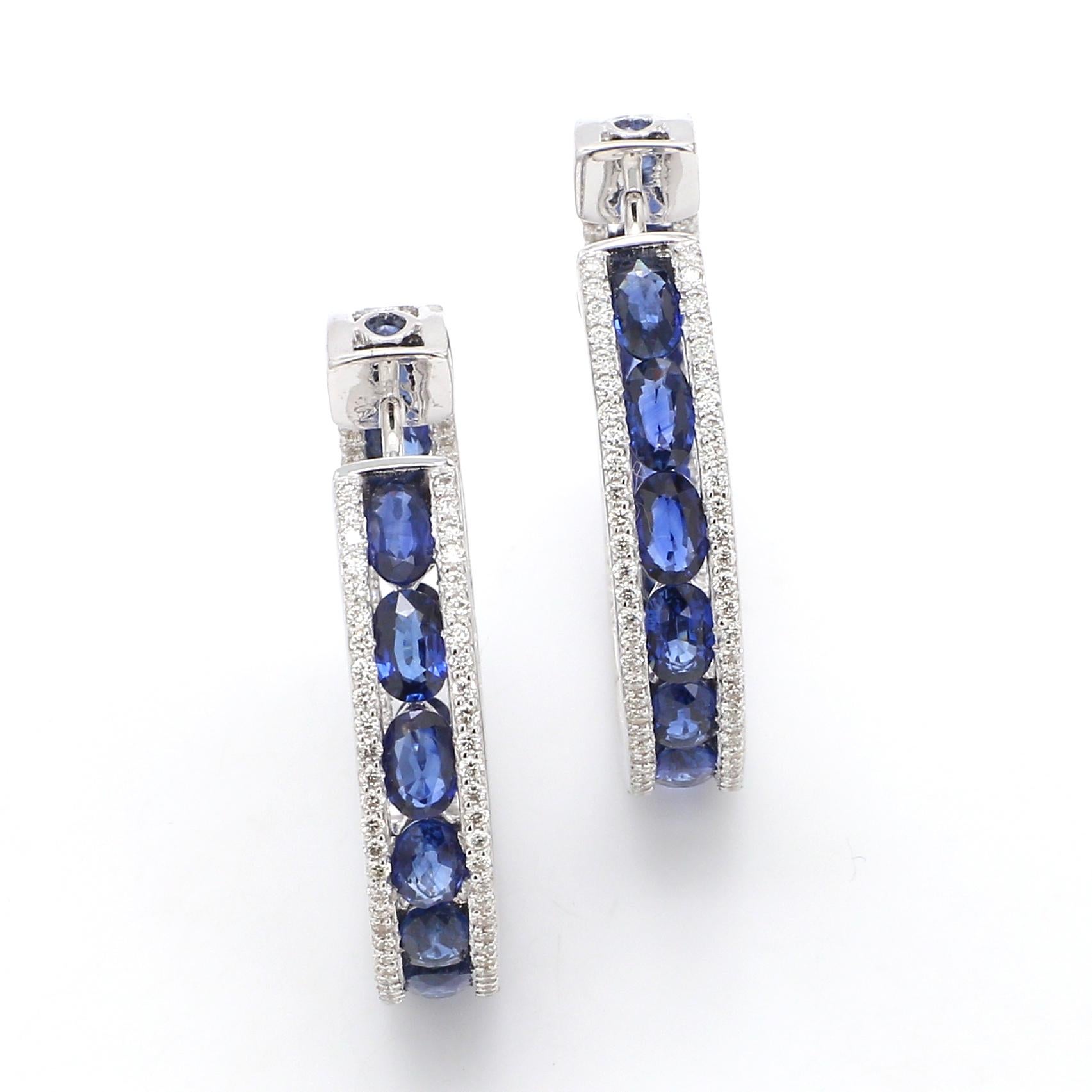 Contemporary 18 Karat White Gold 8.51 Carat Blue Sapphire and Diamond Hoop Earrings For Sale
